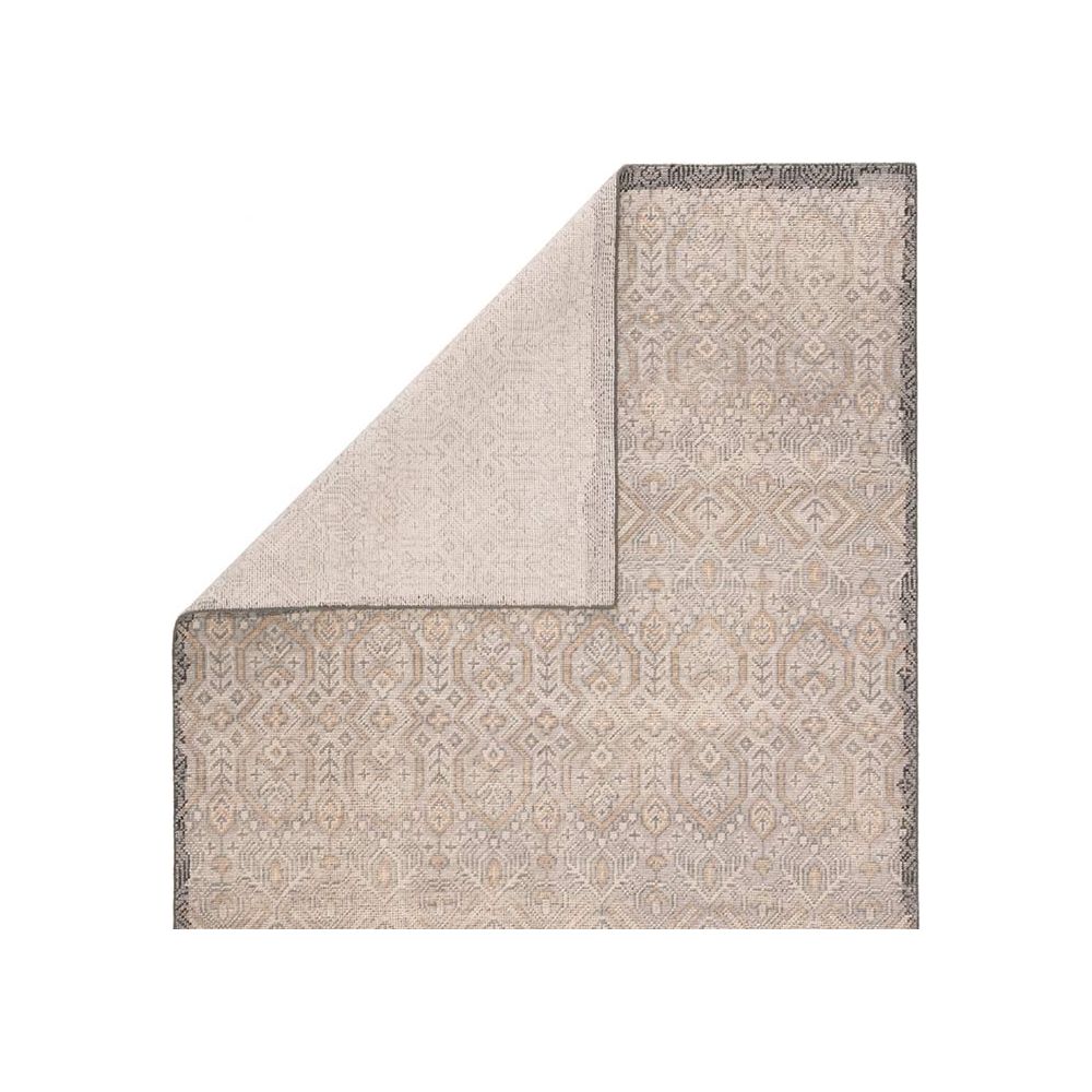 Featuring Revolution Prospect Hand-Knotted Rug by Jaipur Living at Amethyst Home. The Revolution collection is inspired by traditional style and beautifully detailed antique textile designs. The hand-knotted Prospect area rug showcases a captivating geometric design in muted tones of gray and gold. A charcoal edge creates a unique border effect around this glo.  Amethyst Home provides interior design, new home construction design consulting, vintage area rugs, and lighting in the Tampa metro area.