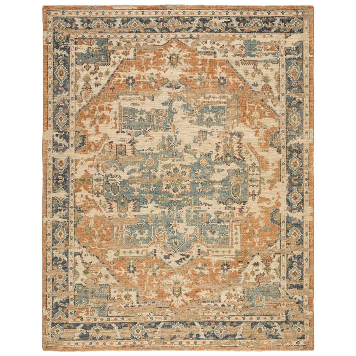 Featuring Rhapsody Cadenza Honey Ginger Hand-Knotted Rug by Jaipur Living at Amethyst Home. The Rhapsody Cadenza Honey Ginger Area Rug features heirloom-quality designs of stunningly abrashed Old World patterns. The Cadenza area rug showcases a distressed center medallion in orange, blue, and light green on a neutral beige ground. This durable wool handknot.  Amethyst Home provides interior design, new home construction design consulting, vintage area rugs, and lighting in the Portland metro area.