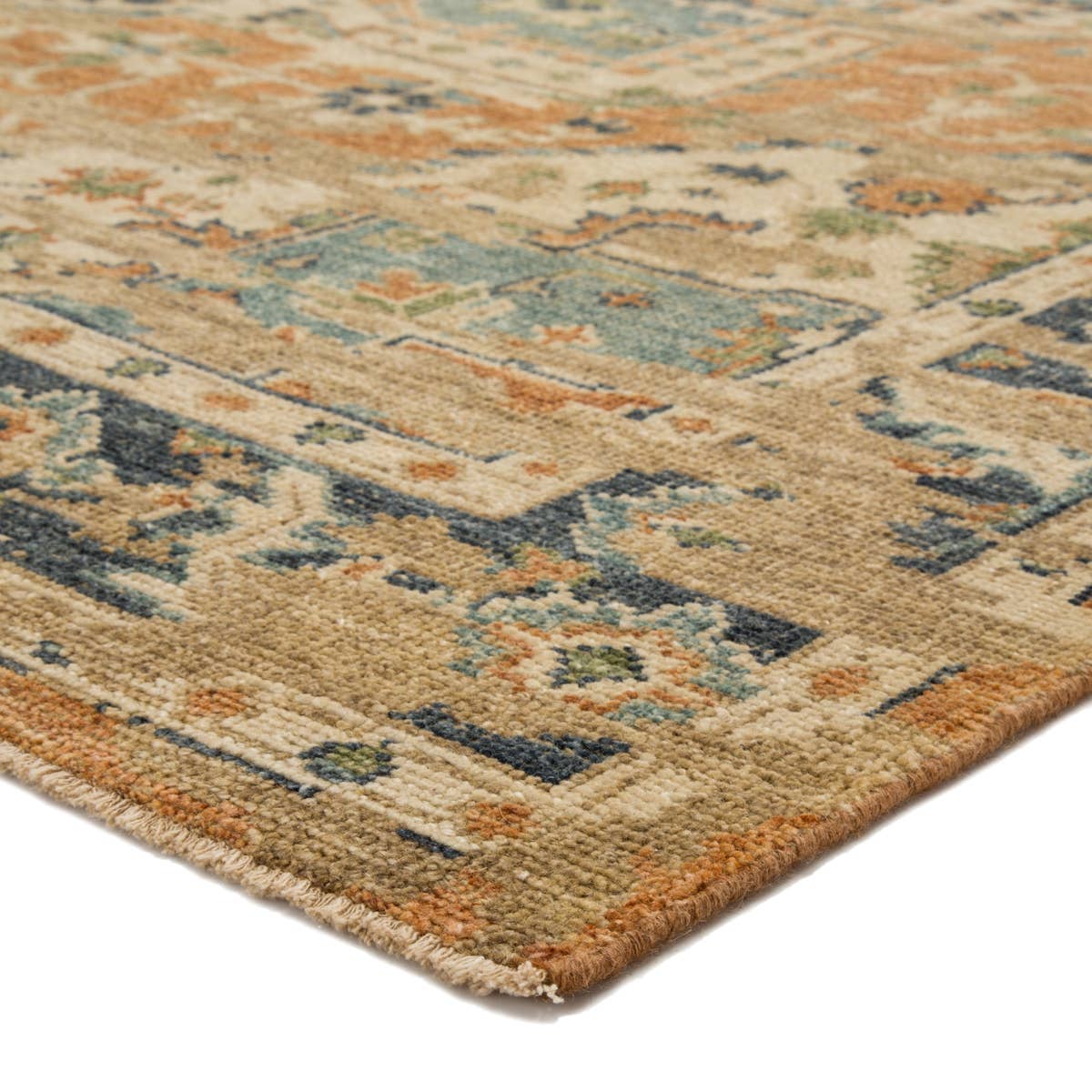 Featuring Rhapsody Cadenza Honey Ginger Hand-Knotted Rug by Jaipur Living at Amethyst Home. The Rhapsody Cadenza Honey Ginger Area Rug features heirloom-quality designs of stunningly abrashed Old World patterns. The Cadenza area rug showcases a distressed center medallion in orange, blue, and light green on a neutral beige ground. This durable wool handknot a.  Amethyst Home provides interior design, new home construction design consulting, vintage area rugs, and lighting in the Dallas metro area.
