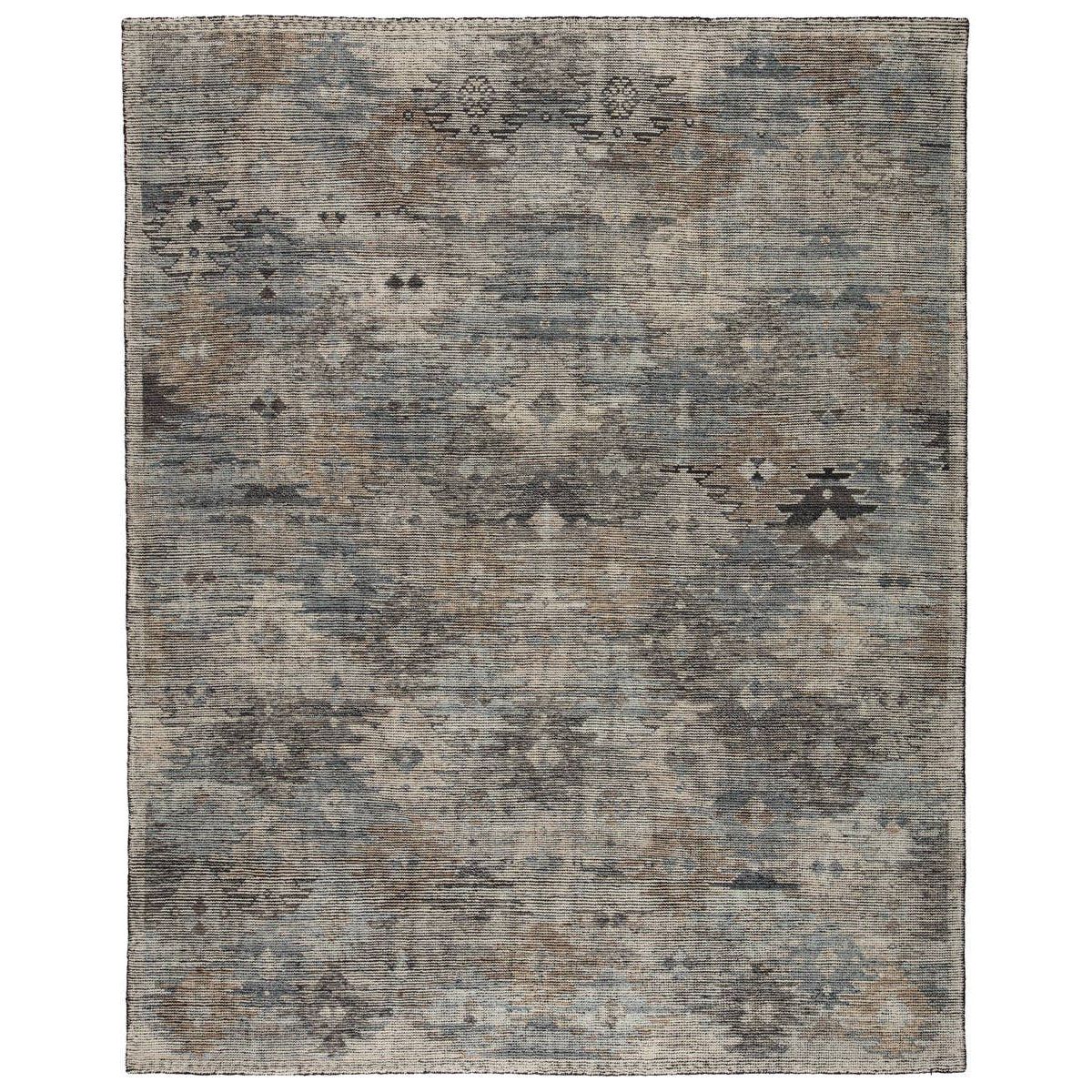 Featuring Rize Nakoda Hand-Knotted Rug by Jaipur Living at Amethyst Home. The Rize Nakoda Area Rug offers intricate and delicately designed global patterns to the modern home. A dynamic tribal motif creates an all-over design on the artistically distressed Nakoda area rug. In a black, tan, white, and blue colorway, this durable hand-knotted wool accen.  Amethyst Home provides interior design, new home construction design consulting, vintage area rugs, and lighting in the Salt Lake City metro area.