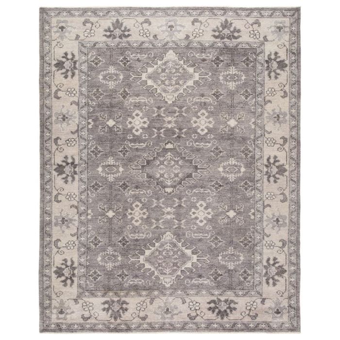 Featuring Salinas Kella Hand-Knotted Rug by Jaipur Living at Amethyst Home. The Salinas collection is punctuated by traditional, intricate details and a soft, hand-knotted wool construction. The neutral Kella area rug makes a transitional statement with grounding hues and tribal motifs. This durable, artisan-made rug features a floral border and medall.  Amethyst Home provides interior design, new home construction design consulting, vintage area rugs, and lighting in the Winter Garden metro area.