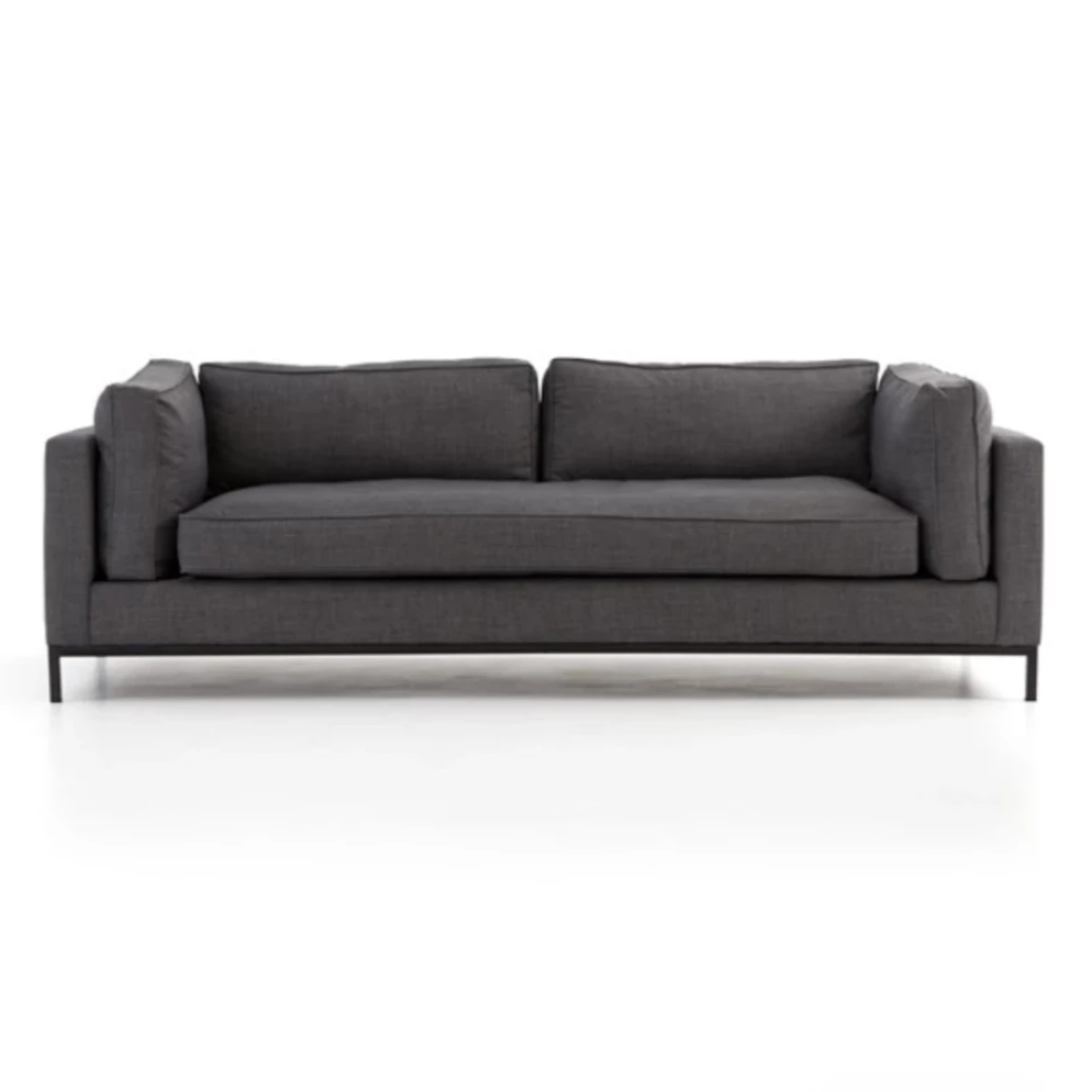 Featuring Grammercy Sofa - Charcoal by Four Hands at Amethyst Home. Streamlined yet comfortable!  We loved the subtle piping of the cushion details and stress-free color!  Flexible style, luxurious comfort and family-friendly upholstery. Clean, simple lines and black iron base keep everything casual and chic. Overall Dimensions: 92"W x 39.50"L x 30"HColors: Be.  Amethyst Home provides interior design, new home construction design consulting, vintage area rugs, and lighting in the Miami metro area.