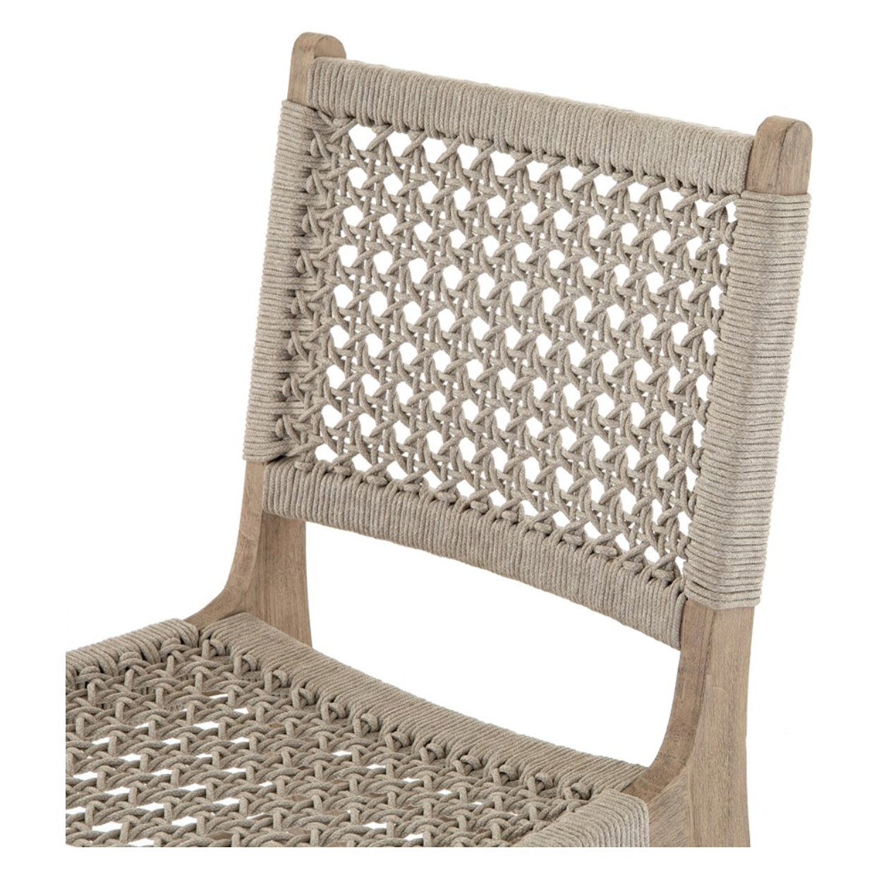 Featuring Delmar Outdoor Dining Chair by Four Hands at Amethyst Home. Simply stylish, indoors or out. Washed brown teak frames woven ivory rope, making a texture-driven statement. Cover or store inside during inclement weather and when not in use.
Overall Dimensions: 20.50"W x 24.25"L x 35"HColors: Ivory Rope, Washed Brown-FscMaterials: 100% Polypropylene.  Amethyst Home provides interior design, new home construction design consulting, vintage area rugs, and lighting in the Scottsdale metro area.