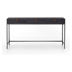 Featuring Trey Modular Writing Desk - Black Wash Poplar by Four Hands at Amethyst Home. The Trey Black Wash Poplar Modular Writing Desk sleek and simple, black-finished poplar offers plenty of desk storage by way of three spacious drawers. Metal-secured pulls of top-grain leather add a textural element of surprise. Great solo or paired with matching corner .  Amethyst Home provides interior design, new home construction design consulting, vintage area rugs, and lighting in the Portland metro area.