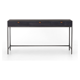 Featuring Trey Modular Writing Desk - Black Wash Poplar by Four Hands at Amethyst Home. The Trey Black Wash Poplar Modular Writing Desk sleek and simple, black-finished poplar offers plenty of desk storage by way of three spacious drawers. Metal-secured pulls of top-grain leather add a textural element of surprise. Great solo or paired with matching corner .  Amethyst Home provides interior design, new home construction design consulting, vintage area rugs, and lighting in the Portland metro area.