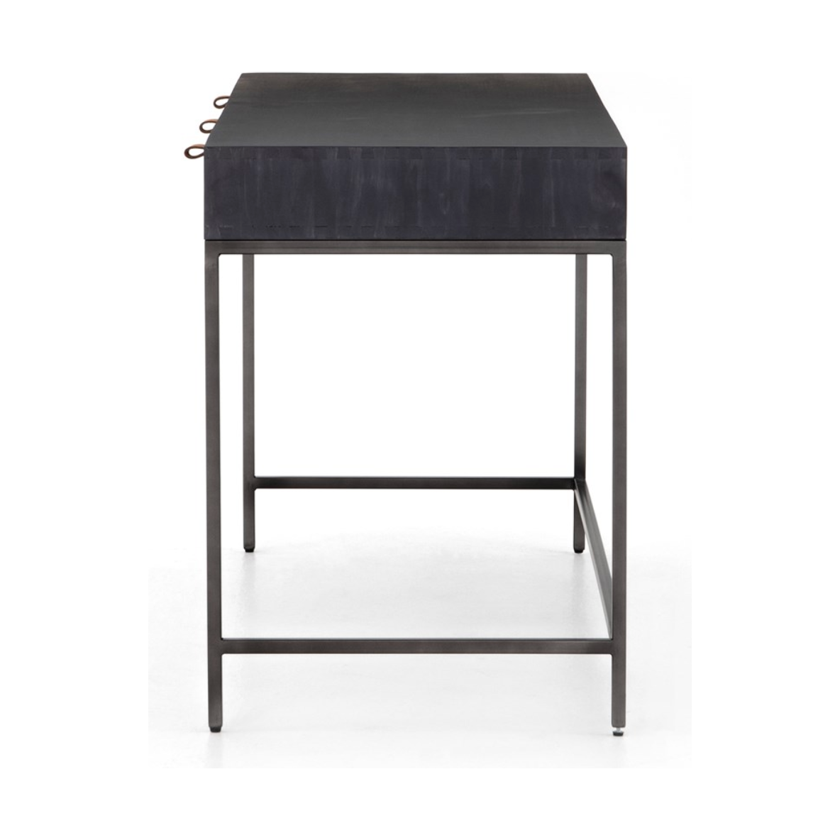 Featuring Trey Modular Writing Desk - Black Wash Poplar by Four Hands at Amethyst Home. The Trey Black Wash Poplar Modular Writing Desk sleek and simple, black-finished poplar offers plenty of desk storage by way of three spacious drawers. Metal-secured pulls of top-grain leather add a textural element of surprise. Great solo or paired with matching corner des.  Amethyst Home provides interior design, new home construction design consulting, vintage area rugs, and lighting in the Miami metro area.