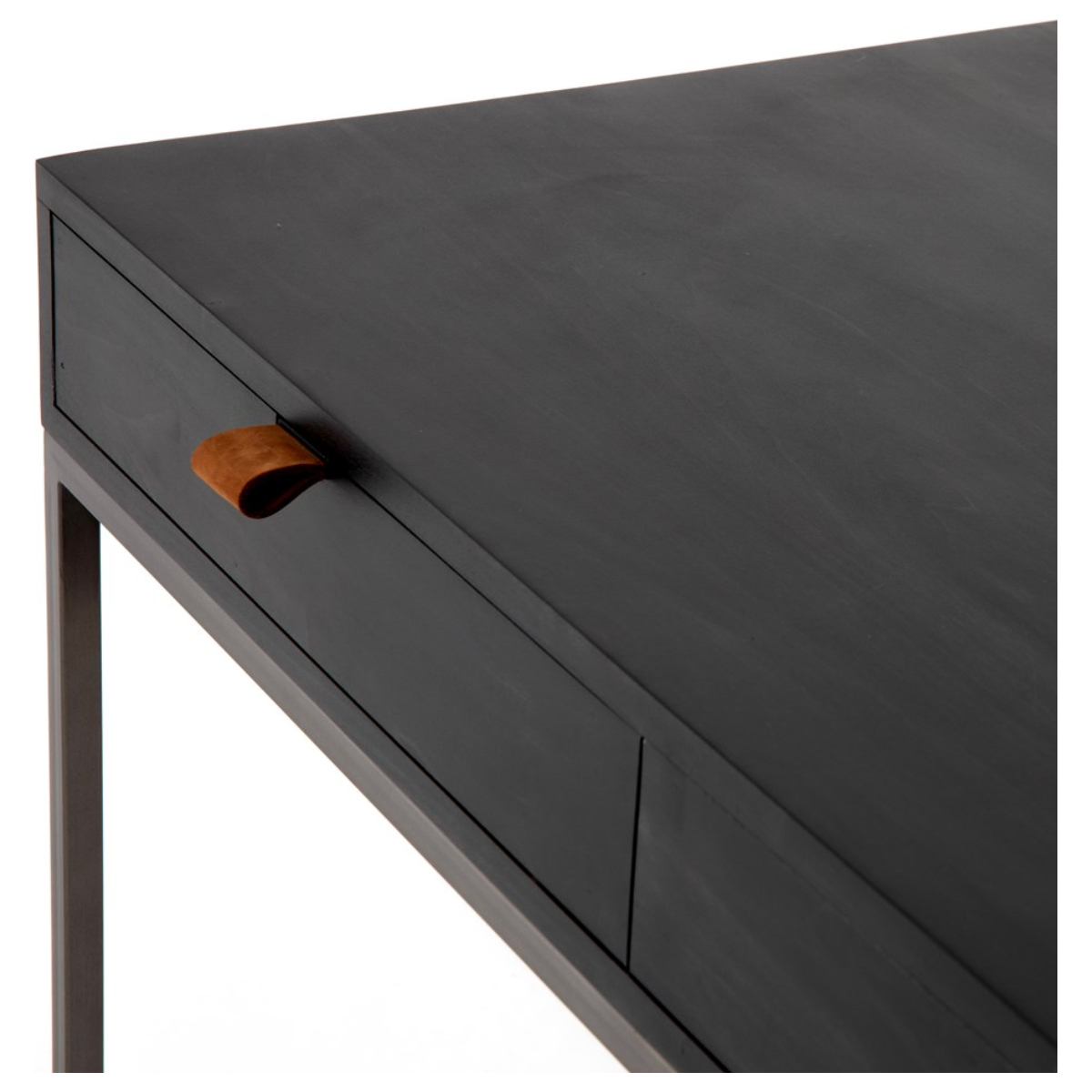 Featuring Trey Modular Writing Desk - Black Wash Poplar by Four Hands at Amethyst Home. The Trey Black Wash Poplar Modular Writing Desk sleek and simple, black-finished poplar offers plenty of desk storage by way of three spacious drawers. Metal-secured pulls of top-grain leather add a textural element of surprise. Great solo or paired with matching co.  Amethyst Home provides interior design, new home construction design consulting, vintage area rugs, and lighting in the Newport Beach metro area.