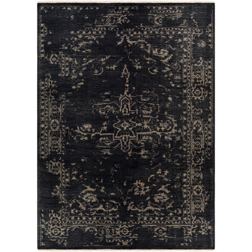 Featuring Festival Dark Charcoal Hand-Knotted Rug by Surya at Amethyst Home. The Festival Collection showcases traditional inspired designs that exemplify timeless styles of elegance, comfort, and sophistication. With their hand knotted construction, these rugs provide a durability that can not be found in other handmade constructions, and boasts the ability.  Amethyst Home provides interior design, new home construction design consulting, vintage area rugs, and lighting in the Seattle metro area.