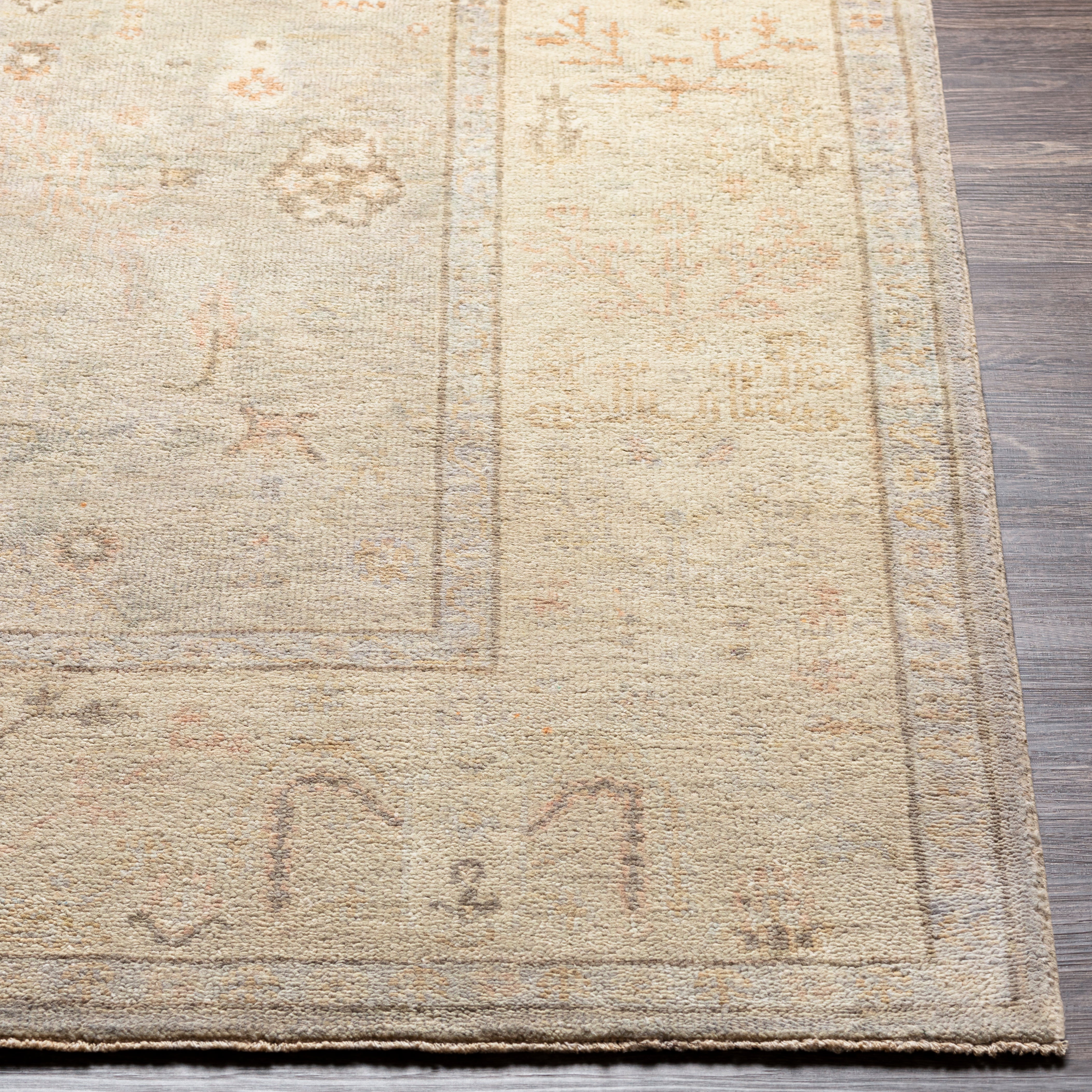 Featuring Normandy Silver / Taupe Hand-Knotted Rug by Surya at Amethyst Home. The Normandy Collection showcases traditional inspired designs that exemplify timeless styles of elegance, comfort, and sophistication. With their hand knotted construction, these rugs provide a durability that can not be found in other handmade constructions, and boasts the abil.  Amethyst Home provides interior design, new home construction design consulting, vintage area rugs, and lighting in the Charlotte metro area.