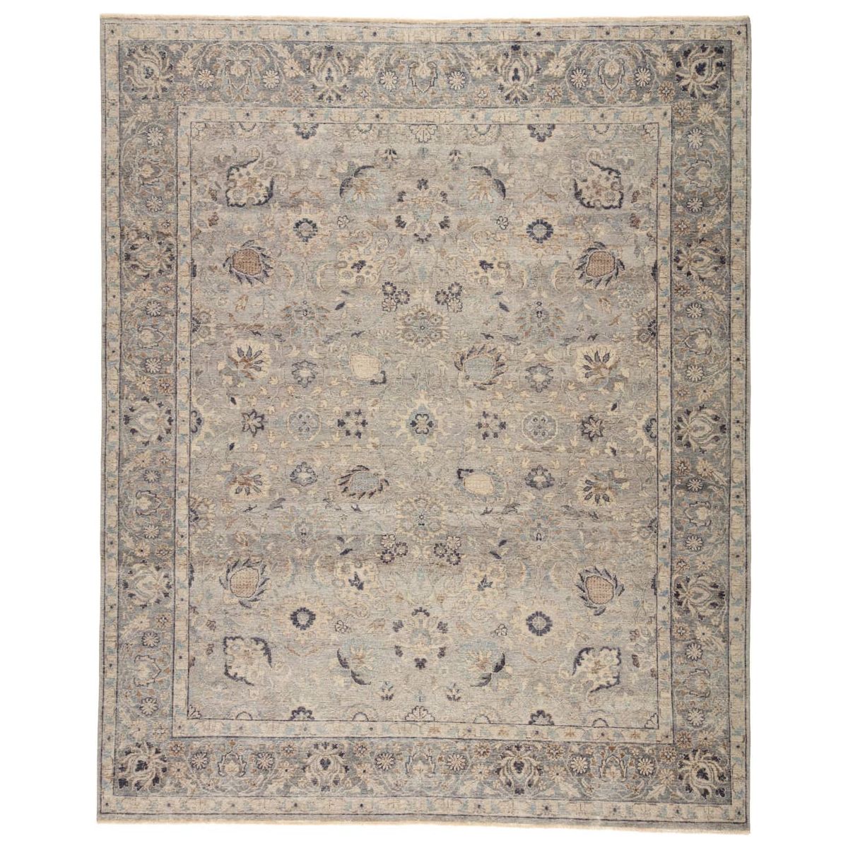 Featuring Tierzah Sahlest Hand-Knotted Rug by Jaipur Living at Amethyst Home. The vintage-inspired Tierzah Sahlest Area Rug features an antiqued wash and intricate traditional designs. The Sahlest wool rug boasts a Persian knot construction and tonal gray, beige, and charcoal palette that grounds any space. This artisan-made rug features fringe trimmed det.  Amethyst Home provides interior design, new home construction design consulting, vintage area rugs, and lighting in the Nashville metro area.