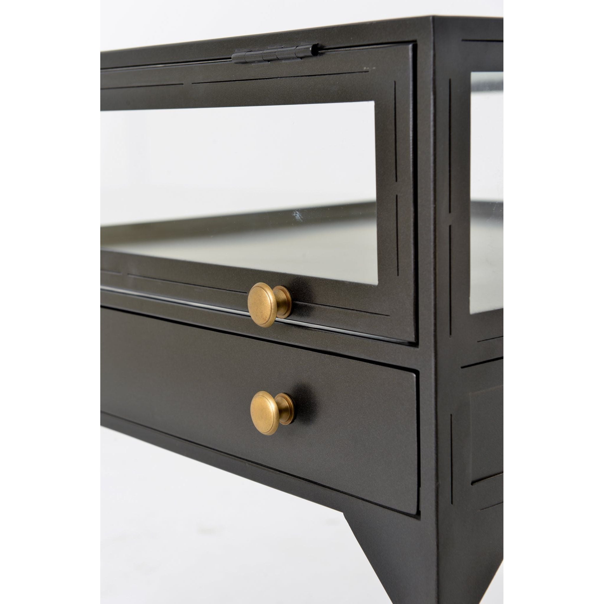 Featuring Shadow Box End Table by Four Hands at Amethyst Home. A shadowbox-inspired end table gives your inner collector a place to play. Frame prized possessions in a glass enclosure with matte-black metal and brass knobs. The perfect end table for a bed or sofa!
Overall Dimensions: 24"W x 24"L x 24"H
Colors: Black, Tempered GlassMaterials: Iron, Tempere.  Amethyst Home provides interior design, new home construction design consulting, vintage area rugs, and lighting in the Alpharetta metro area.