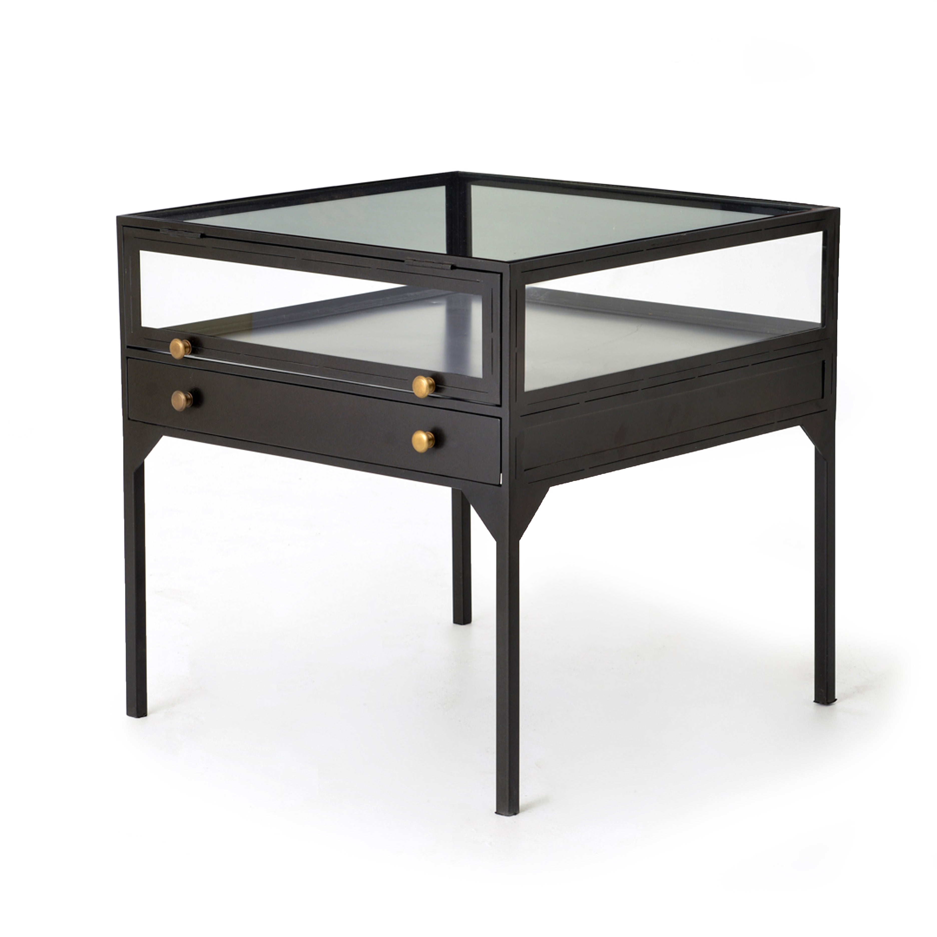 Featuring Shadow Box End Table by Four Hands at Amethyst Home. A shadowbox-inspired end table gives your inner collector a place to play. Frame prized possessions in a glass enclosure with matte-black metal and brass knobs. The perfect end table for a bed or sofa!
Overall Dimensions: 24"W x 24"L x 24"H
Colors: Black, Tempered GlassMaterials: Iron, Tempered.  Amethyst Home provides interior design, new home construction design consulting, vintage area rugs, and lighting in the Park City metro area.