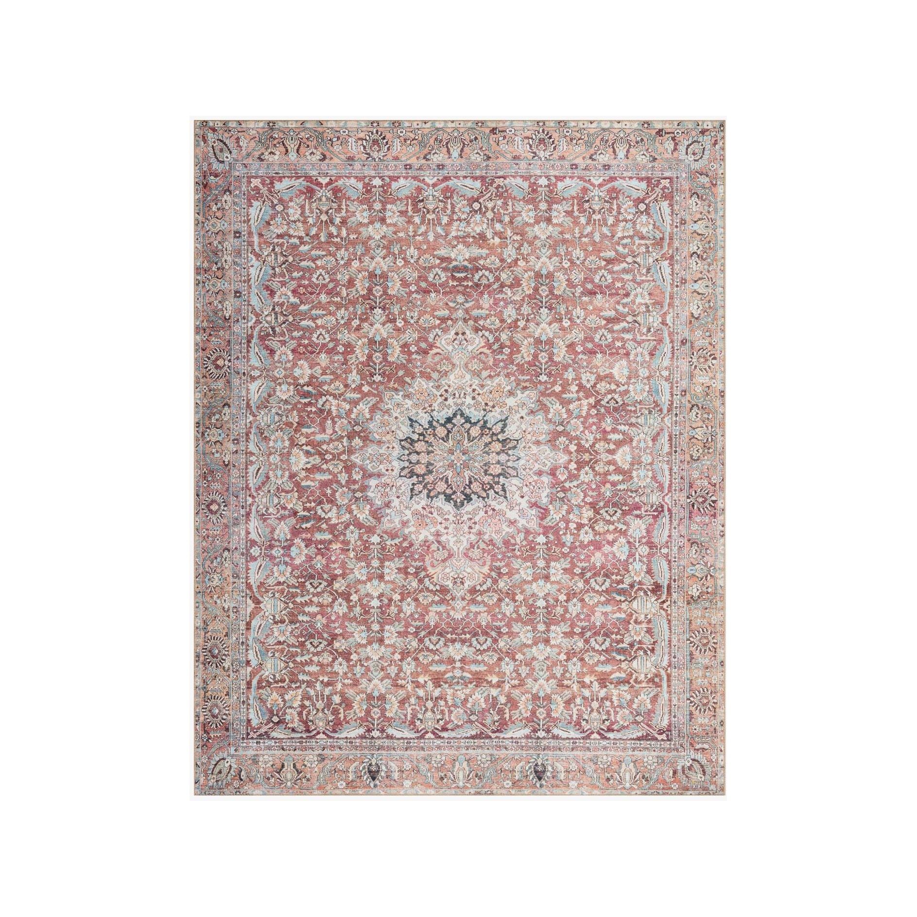 Featuring Wynter Tomato / Teal Rug by Loloi at Amethyst Home. Old soul, new spirit. Power-loomed of 100% polyester, the Wynter Tomato / Teal area rug showcases a one-of-a-kind vintage or antique area rug look at an affordable price. This rug brings in tones of red, blue, orange, and hints of ivory, and ideal for high traffic areas due to the rug's durabil.  Amethyst Home provides interior design, new home construction design consulting, vintage area rugs, and lighting in the Scottsdale metro area.