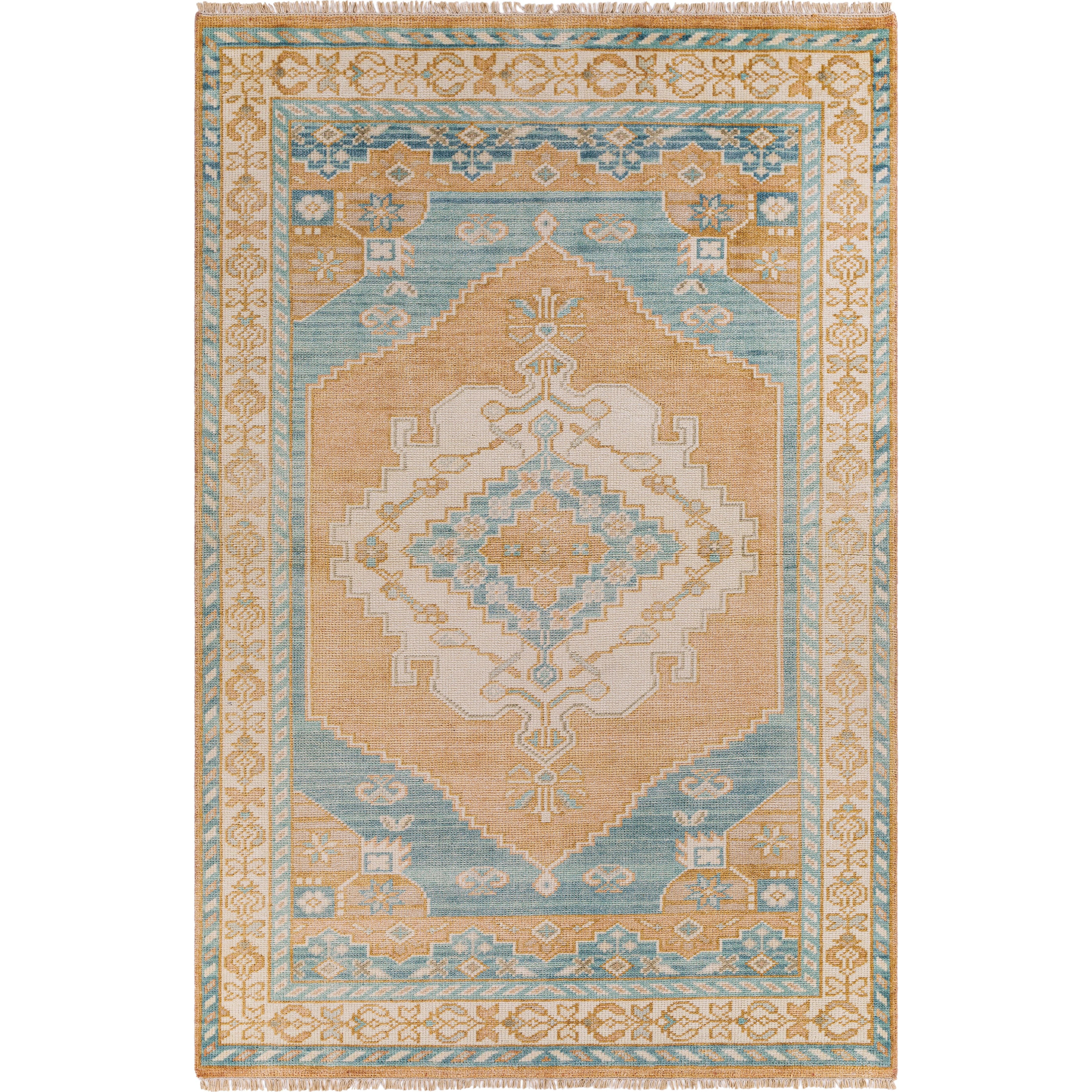 Featuring Anadolu Ocean / Rust Hand-Knotted Rug by Surya at Amethyst Home. The Anadolu Rug Collection showcases traditional inspired designs that exemplify timeless styles of elegance, comfort, and sophistication. With their hand knotted construction, these rugs provide a durability that can not be found in other handmade constructions, and boasts the abi.  Amethyst Home provides interior design, new home construction design consulting, vintage area rugs, and lighting in the Scottsdale metro area.
