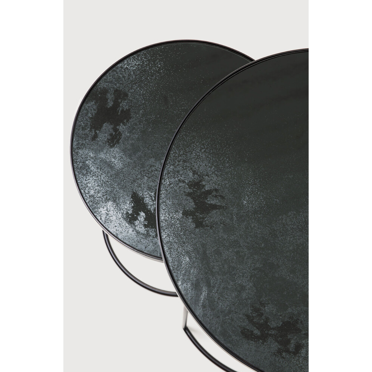 Featuring Nesting Side Table Set - Charcoal by Ethnicraft at Amethyst Home. Featuring a heavy aged mirror surface, this Charcoal Nesting Side Table Set brings a unique look to any space. Place beside the sofa, sitting next to your bed, or as a complementary piece to a work of art, its adaptability offers many possibilities.
Dimensions: 22.5"w x 22.5"d x.  Amethyst Home provides interior design, new home construction design consulting, vintage area rugs, and lighting in the Laguna Beach metro area.