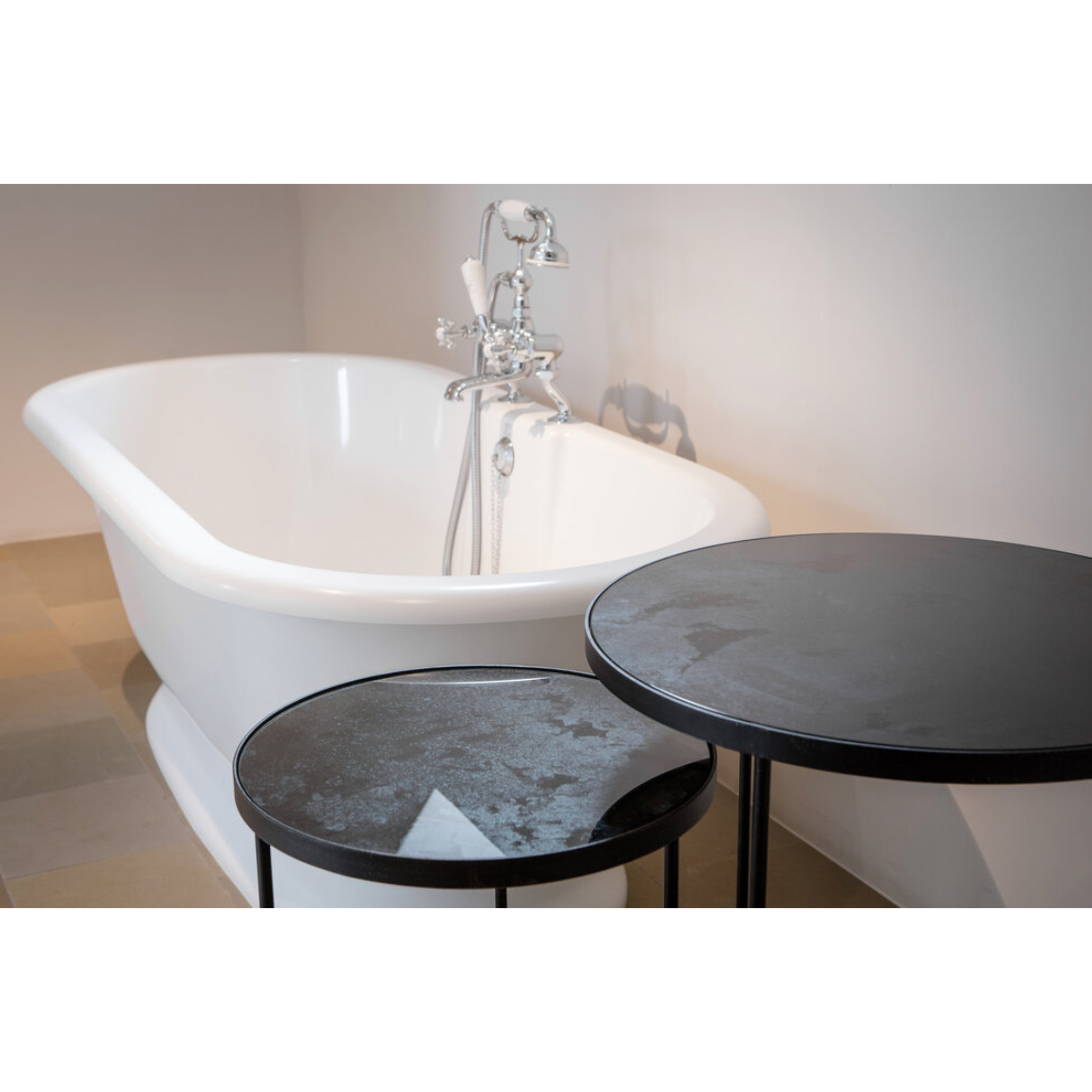 Featuring Nesting Side Table Set - Charcoal by Ethnicraft at Amethyst Home. Featuring a heavy aged mirror surface, this Charcoal Nesting Side Table Set brings a unique look to any space. Place beside the sofa, sitting next to your bed, or as a complementary piece to a work of art, its adaptability offers many possibilities.
Dimensions: 22.5"w x 22.5"d x 27.  Amethyst Home provides interior design, new home construction design consulting, vintage area rugs, and lighting in the San Diego metro area.