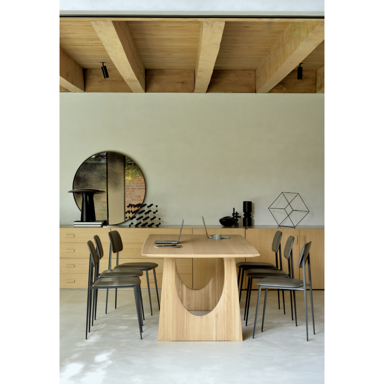 Featuring Oak Geometric Dining Table by Ethnicraft at Amethyst Home. With enriched shapes and unexpected details, this Oak Geometric Dining Table is a statement item. Luxury comes with its length, which is offset by softened edges and natural lines -- perfect for any dining room or workspace. 
Material: Oak, 100% Solid WoodFinish: Oiled
Dimensions: 98.5"w .  Amethyst Home provides interior design, new home construction design consulting, vintage area rugs, and lighting in the Nashville metro area.