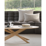 Featuring Oak Mikado Coffee Table by Ethnicraft at Amethyst Home. The Oak Mikado Coffee Table, designed by Alain van Havre, is a study of balance and symmetry. The interested base brings a unique look to any living room or lounge area!
Oval Dimension: 56.5"w x 26.5"d x 17"h Weight: 35 lbs
Round Dimension: 39.5"w x 39.5"d x 17"hWeight: 40 lbs
Material: Oak.  Amethyst Home provides interior design, new home construction design consulting, vintage area rugs, and lighting in the Alpharetta metro area.