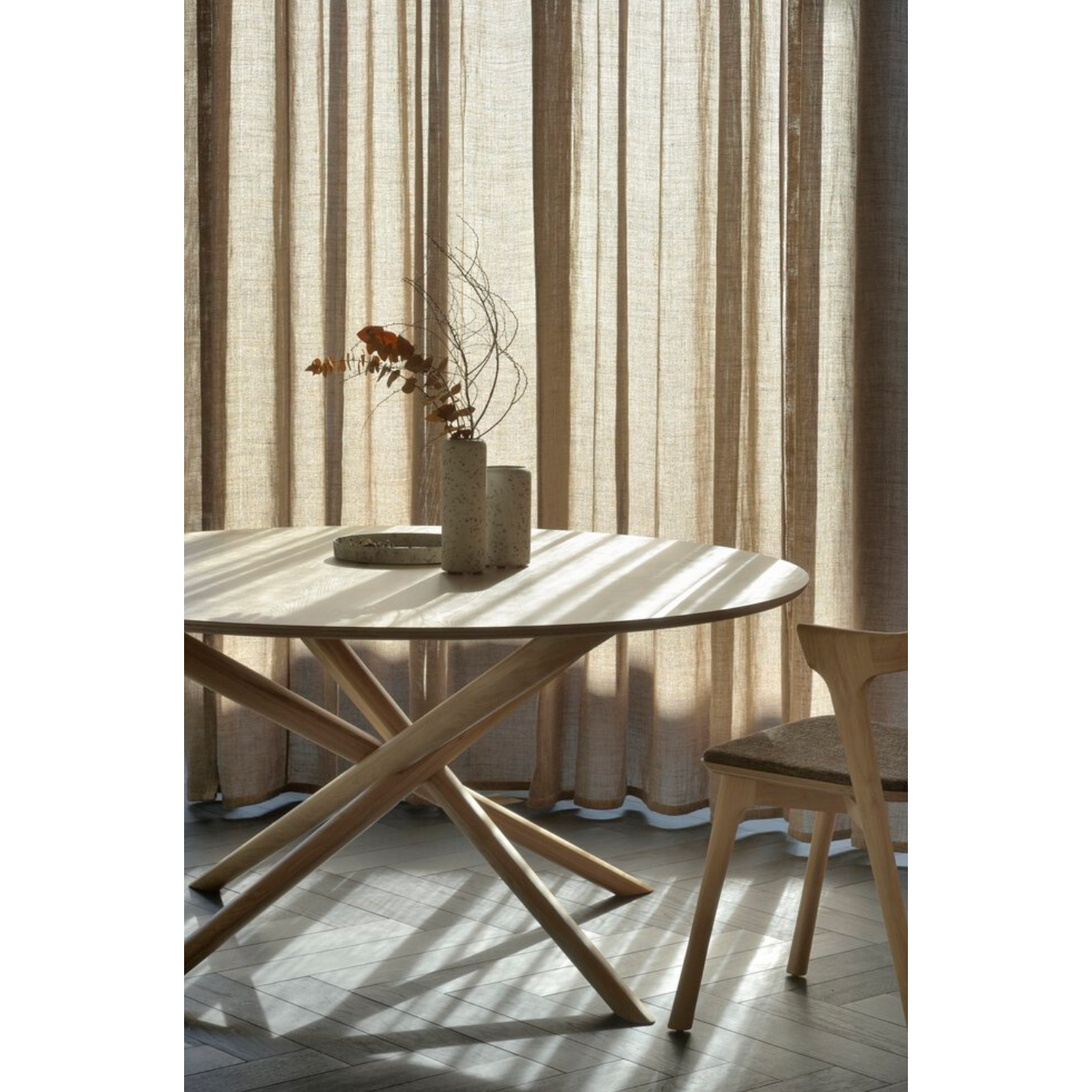 Featuring Oak Mikado Dining Table - Round by Ethnicraft at Amethyst Home. We love the sculptural character of this Oak Mikado Dining Table - Round. The legs interlock like a well-thought-out puzzle, making it easier to interact with your guests and allows you to converse with your family and friends for years to come!
Designed by Alain van Havre
Material:.  Amethyst Home provides interior design, new home construction design consulting, vintage area rugs, and lighting in the Alpharetta metro area.