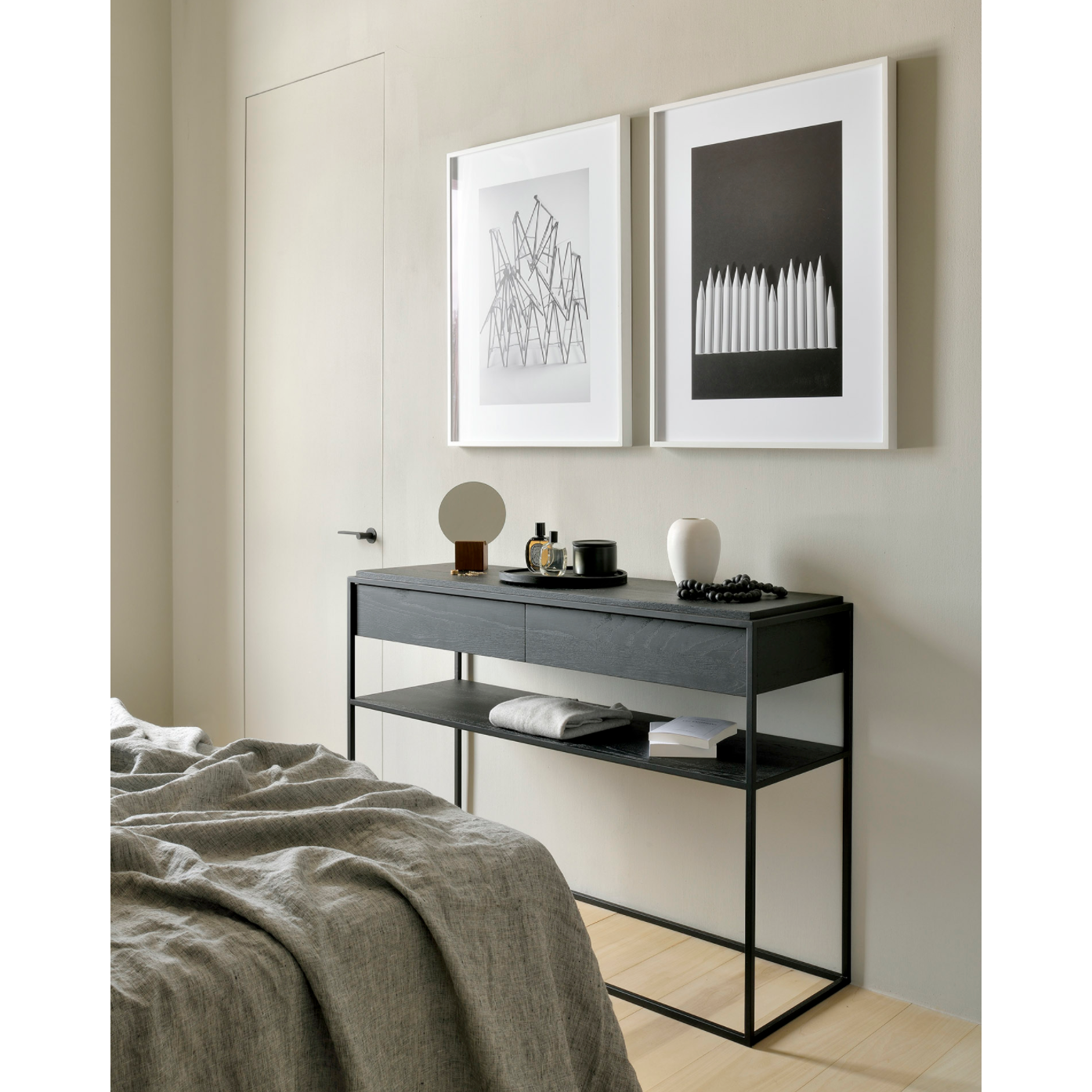 Featuring Oak Monolit Console Table - Black by Ethnicraft at Amethyst Home. Balance and function come together in the Monolit console table. This simple, sleek table includes storage and we LOVE hidden storage! Dress up your living room or office with a piece that is both functional and stylish!
Dimensions: 48.5"w x 16"d x 33.5"h Weight: 77 lbs
Material: O.  Amethyst Home provides interior design, new home construction design consulting, vintage area rugs, and lighting in the Charlotte metro area.