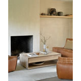 Featuring Oak Nordic Coffee Table by Ethnicraft at Amethyst Home. Featuring both a bottom shelf and a drawer, this Oak Nordic Coffee Table brings a functional and beautiful organic element to any living room or lounge area. 
Dimensions: 47.5"w x 28"d x 14"h Weight: 112 lbs
Material: Oak, 100% solid woodFinish: Oiled
For regular dusting use a dry cloth. For.  Amethyst Home provides interior design, new home construction design consulting, vintage area rugs, and lighting in the Calabasas metro area.