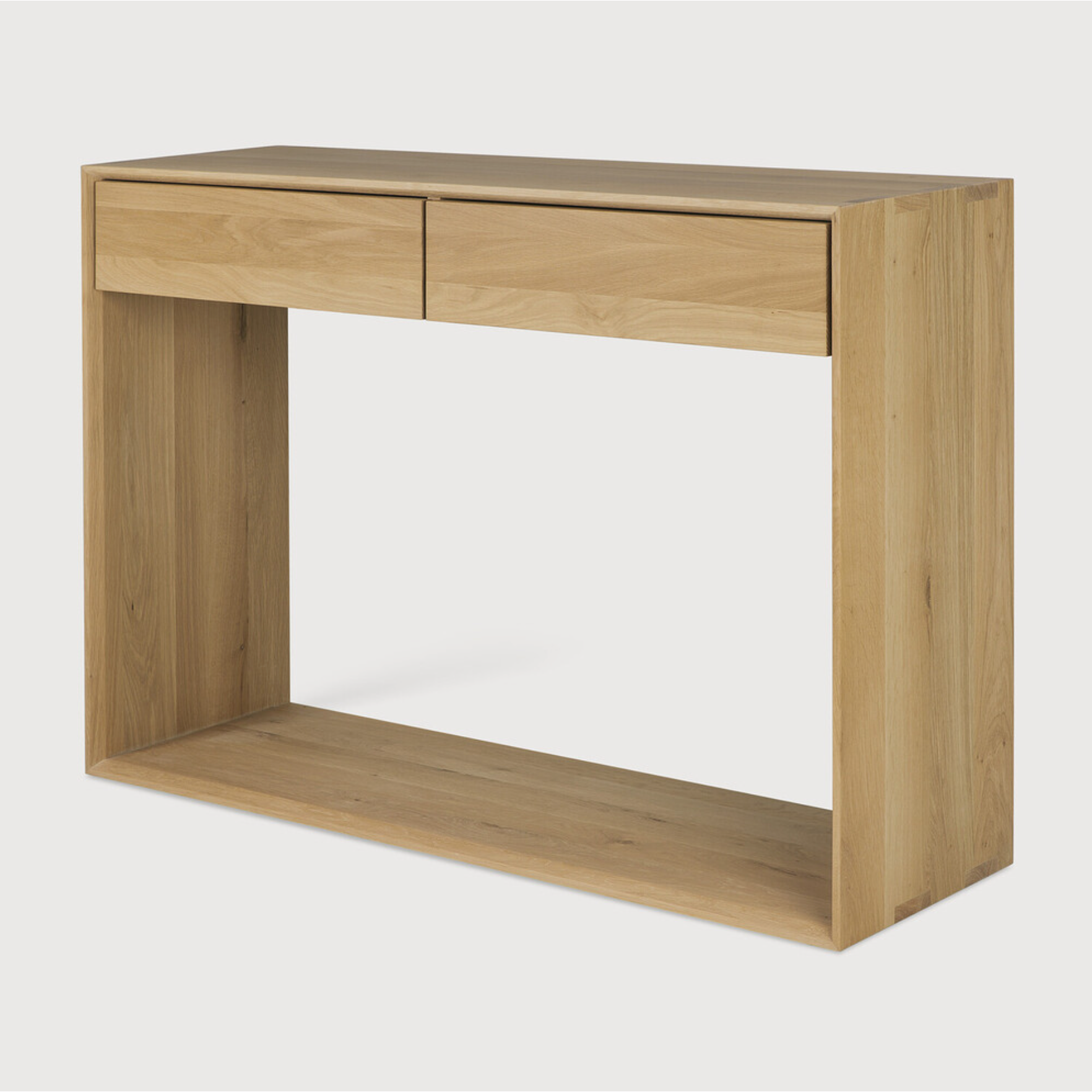 Featuring Oak Nordic Console Table by Ethnicraft at Amethyst Home. This Oak Nordic Console combines refined design with the purity of solid wood. We love that the bevelled edges will add an upscale aesthetic to any entry hall or living room space.
Dimensions: 47.5"w x 16"d x 33.5"h Weight: 84 lbs
Dimensions: 63"w x 16"d x 33.5"h Weight: 108 lbs
Material: Oak.  Amethyst Home provides interior design, new home construction design consulting, vintage area rugs, and lighting in the Houston metro area.