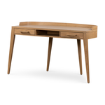 Featuring Armstrong Desk - Burnished Oak by Four Hands at Amethyst Home. With dramatically tapered legs and a slender silhouette, this Armstrong Desk - Burnished Oak is made of light-burnished oak and places a femme, functional twist on mid-century styling. Dual drawers plus an open center cubby for handy office supply storage.
Overall Dimensions: 55.50"W .  Amethyst Home provides interior design, new home construction design consulting, vintage area rugs, and lighting in the Park City metro area.