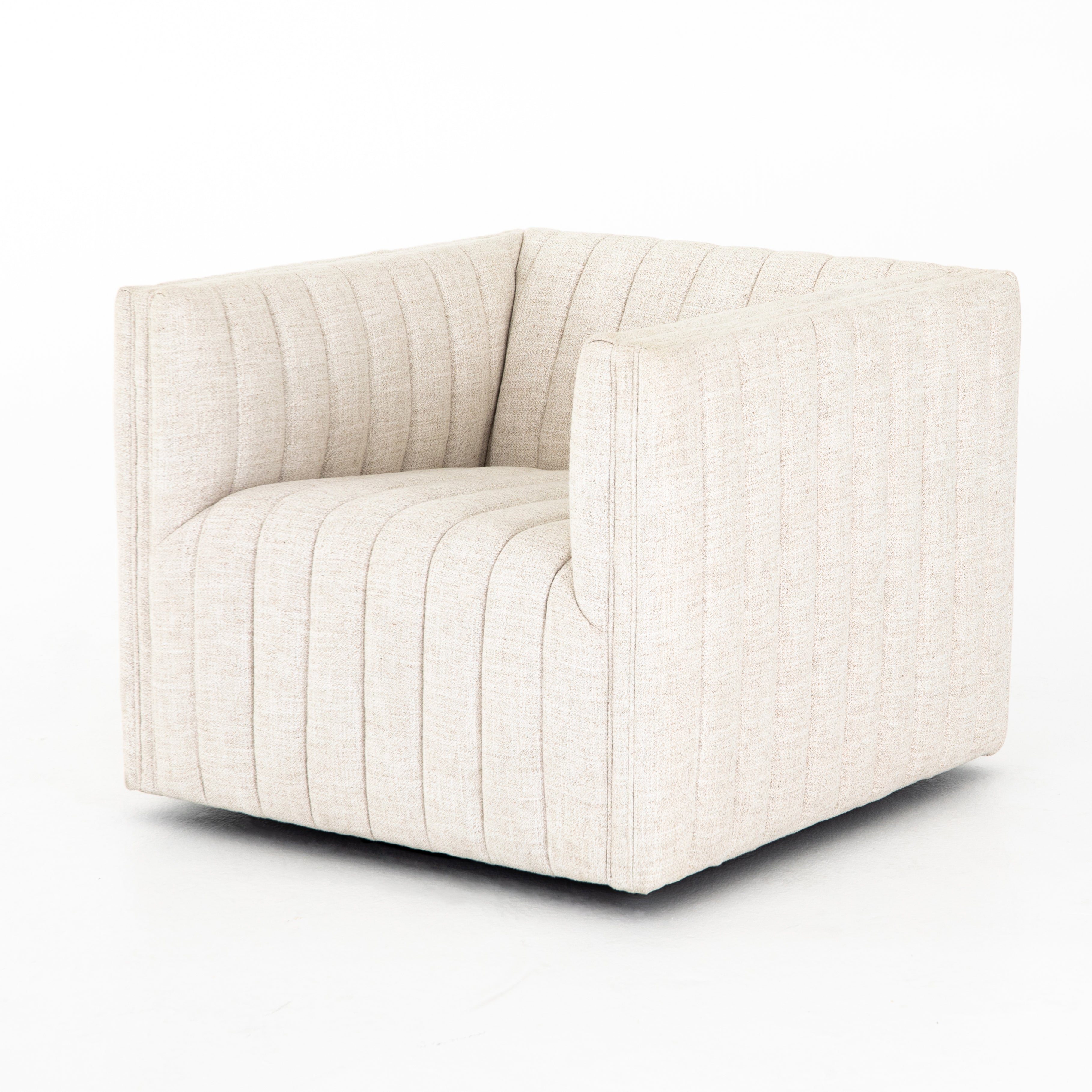 Featuring Augustine Swivel Chair - Cream by Four Hands at Amethyst Home. You will love the dramatic channeling of this Augustine Cream Swivel Chair. The swivel feature sets this apart from other chairs and is a great choice for any living room or media room. This chair is comfort wrapped in soft linen blend making this everyone's favorite chair.Overall Dimen.  Amethyst Home provides interior design, new home construction design consulting, vintage area rugs, and lighting in the Houston metro area.