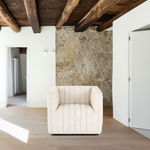 Featuring Augustine Swivel Chair - Cream by Four Hands at Amethyst Home. You will love the dramatic channeling of this Augustine Cream Swivel Chair. The swivel feature sets this apart from other chairs and is a great choice for any living room or media room. This chair is comfort wrapped in soft linen blend making this everyone's favorite chair.Overall Dim.  Amethyst Home provides interior design, new home construction design consulting, vintage area rugs, and lighting in the Charlotte metro area.