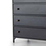 Featuring Belmont 8 Drawer Tall Dresser by Four Hands at Amethyst Home. Sleek and industrial-inspired, this Belmont 8 Drawer Tall Dresser has black iron that forms a tall, spacious eight-drawers dresser. The brass knobs bring a cool contrast to any bedroom. 
Overall Dimensions: 35.50"W x 19.75"L x 48"H
Colors: Black, Weathered BronzeMaterials: IronWeight: 249..  Amethyst Home provides interior design, new home construction design consulting, vintage area rugs, and lighting in the Tampa metro area.
