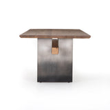 Featuring Brennan Dining Table - Dove Oak by Four Hands at Amethyst Home. This Brennan Dining Table - Dove Oak has a rectangular soft-grey oak tabletop and flaunts its materials' natural graining, for a richly organic takeaway. Wide, plank-style legs of pewter-finished steel features an ombre pattern -- a statement piece for any dining room or kitchen area.  Amethyst Home provides interior design, new home construction design consulting, vintage area rugs, and lighting in the Charlotte metro area.