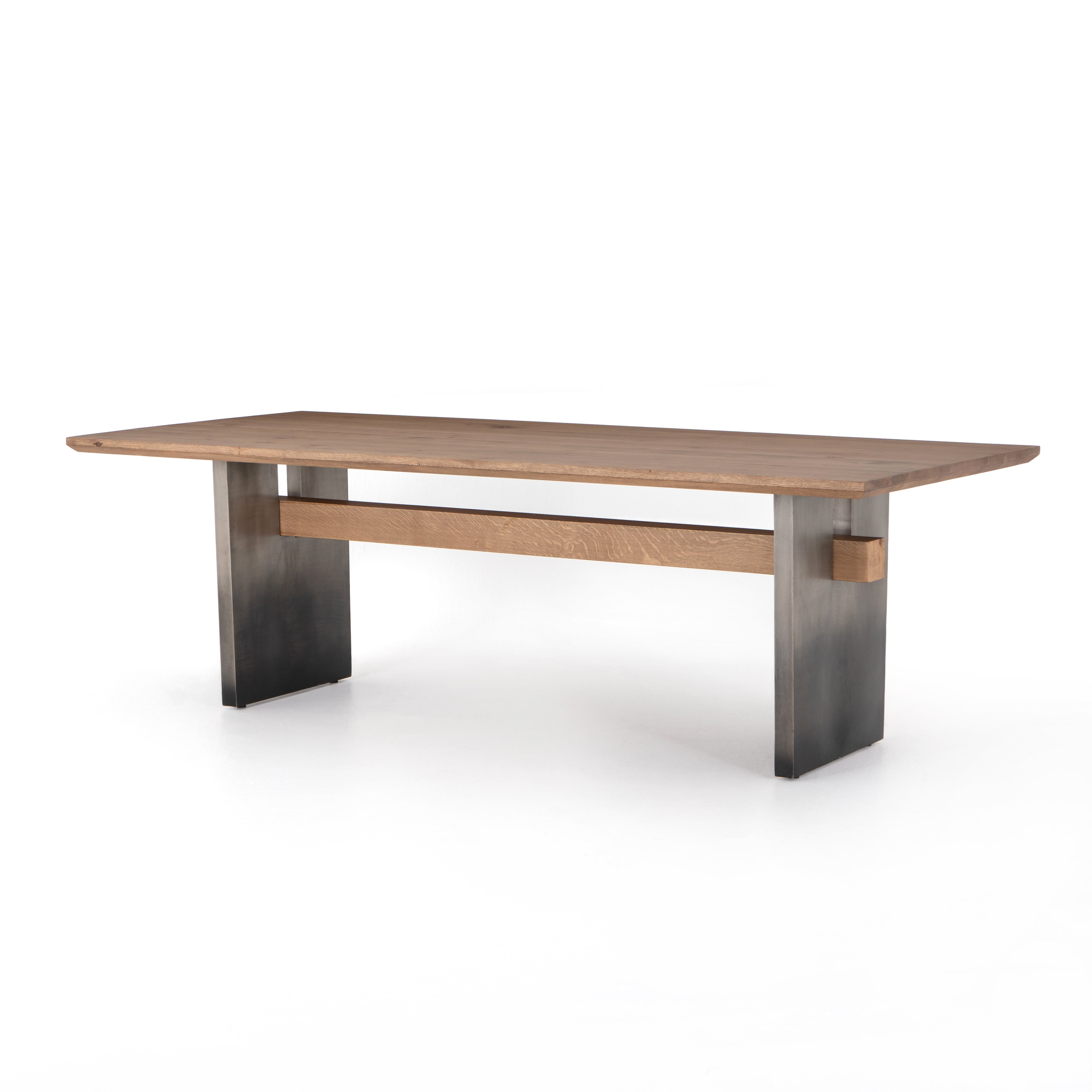 Featuring Brennan Dining Table - Dove Oak by Four Hands at Amethyst Home. This Brennan Dining Table - Dove Oak has a rectangular soft-grey oak tabletop and flaunts its materials' natural graining, for a richly organic takeaway. Wide, plank-style legs of pewter-finished steel features an ombre pattern -- a statement piece for any dining room or kitchen a.  Amethyst Home provides interior design, new home construction design consulting, vintage area rugs, and lighting in the Laguna Beach metro area.