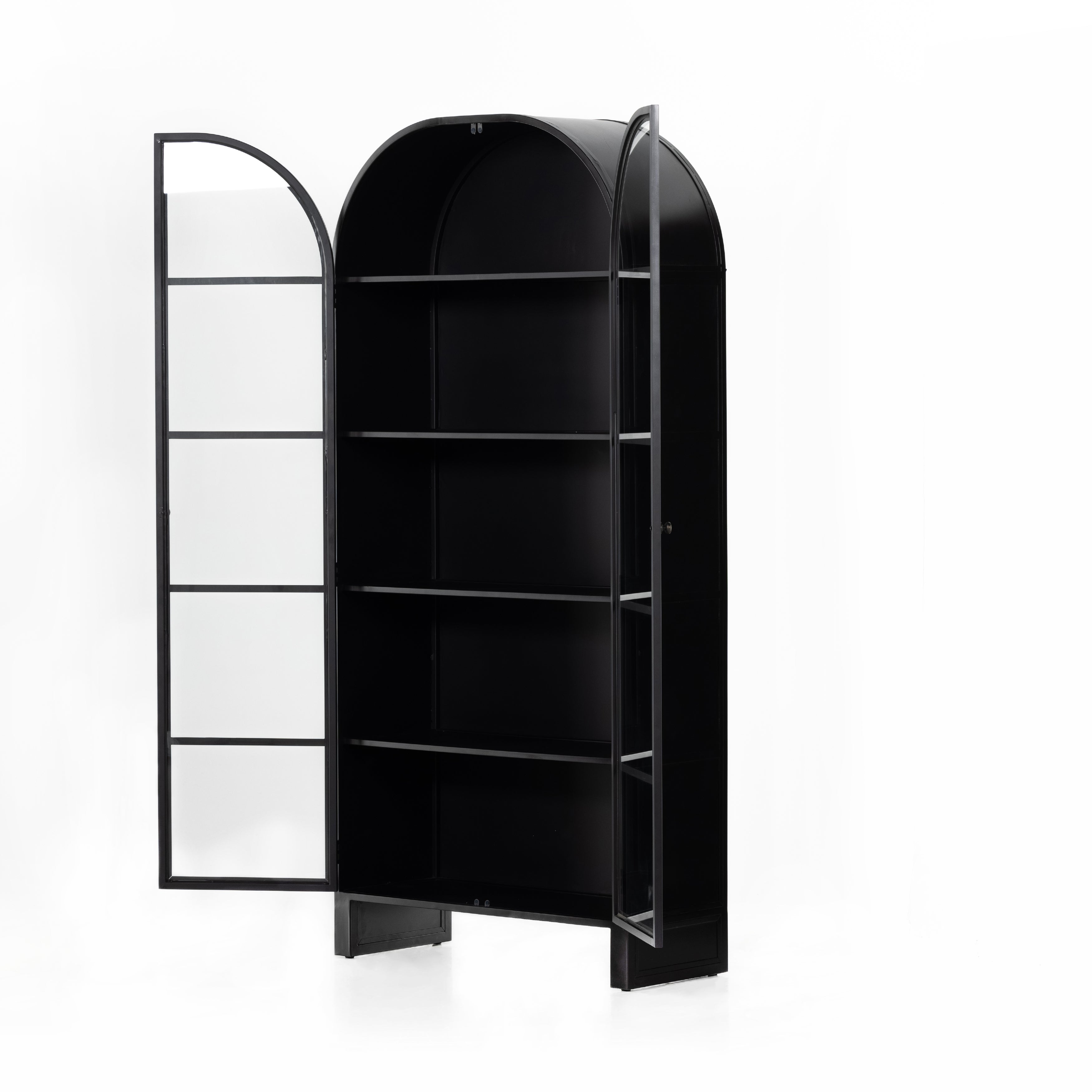 Store it in style with this Breya Cabinet - Black. Made from black-finished iron, beautifully arched cabinetry features glass-front doors, ideal for storing and displaying favorite books, photos, keepsakes, and more.  Overall Dimensions: 40.00"w x 16.25"d x 86.75"h