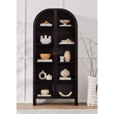 Store it in style with this Breya Cabinet - Black. Made from black-finished iron, beautifully arched cabinetry features glass-front doors, ideal for storing and displaying favorite books, photos, keepsakes, and more.  Overall Dimensions: 40.00"w x 16.25"d x 86.75"h