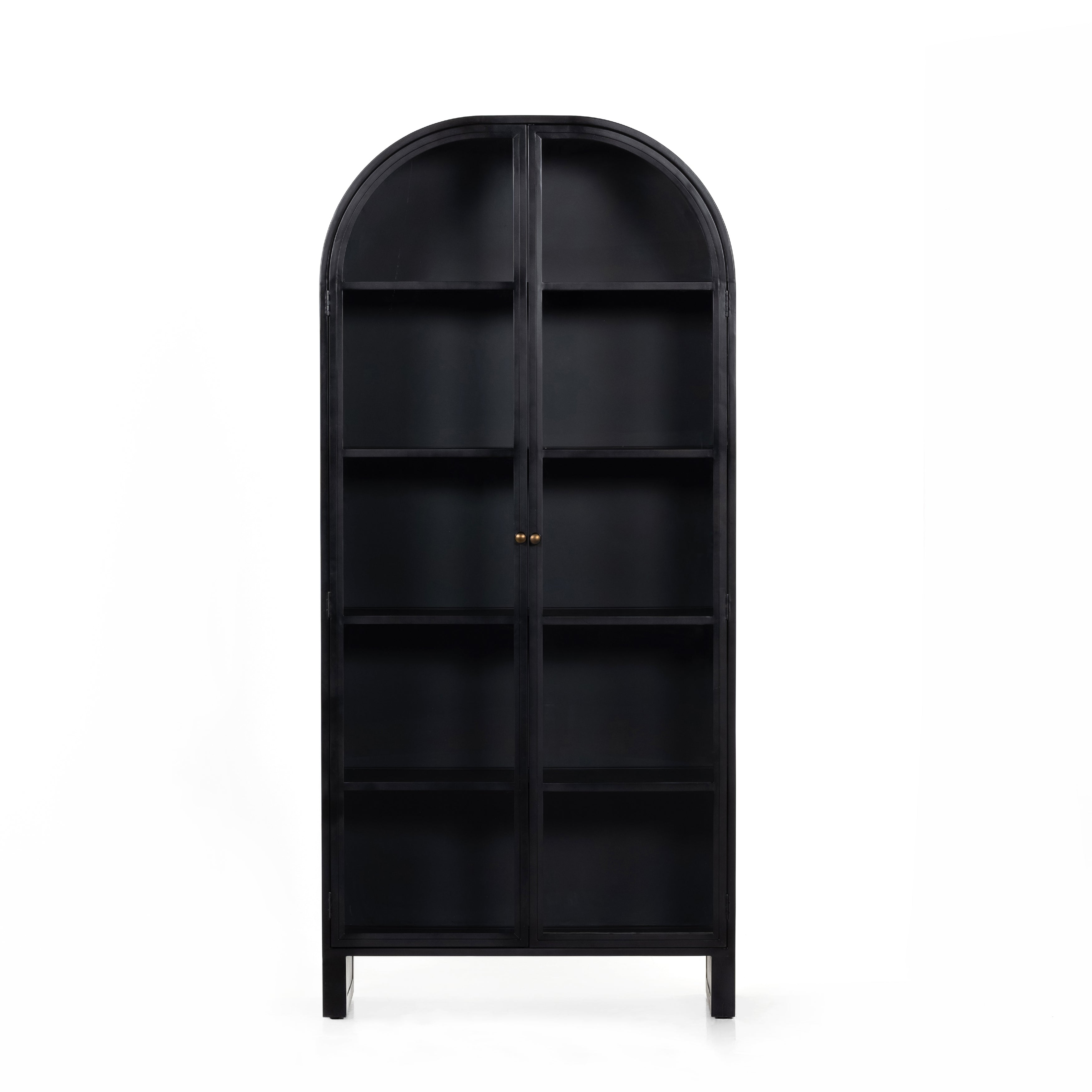 Store it in style with this Breya Cabinet - Black. Made from black-finished iron, beautifully arched cabinetry features glass-front doors, ideal for storing and displaying favorite books, photos, keepsakes, and more.  Overall Dimensions: 40.00"w x 16.25"d x 86.75"h