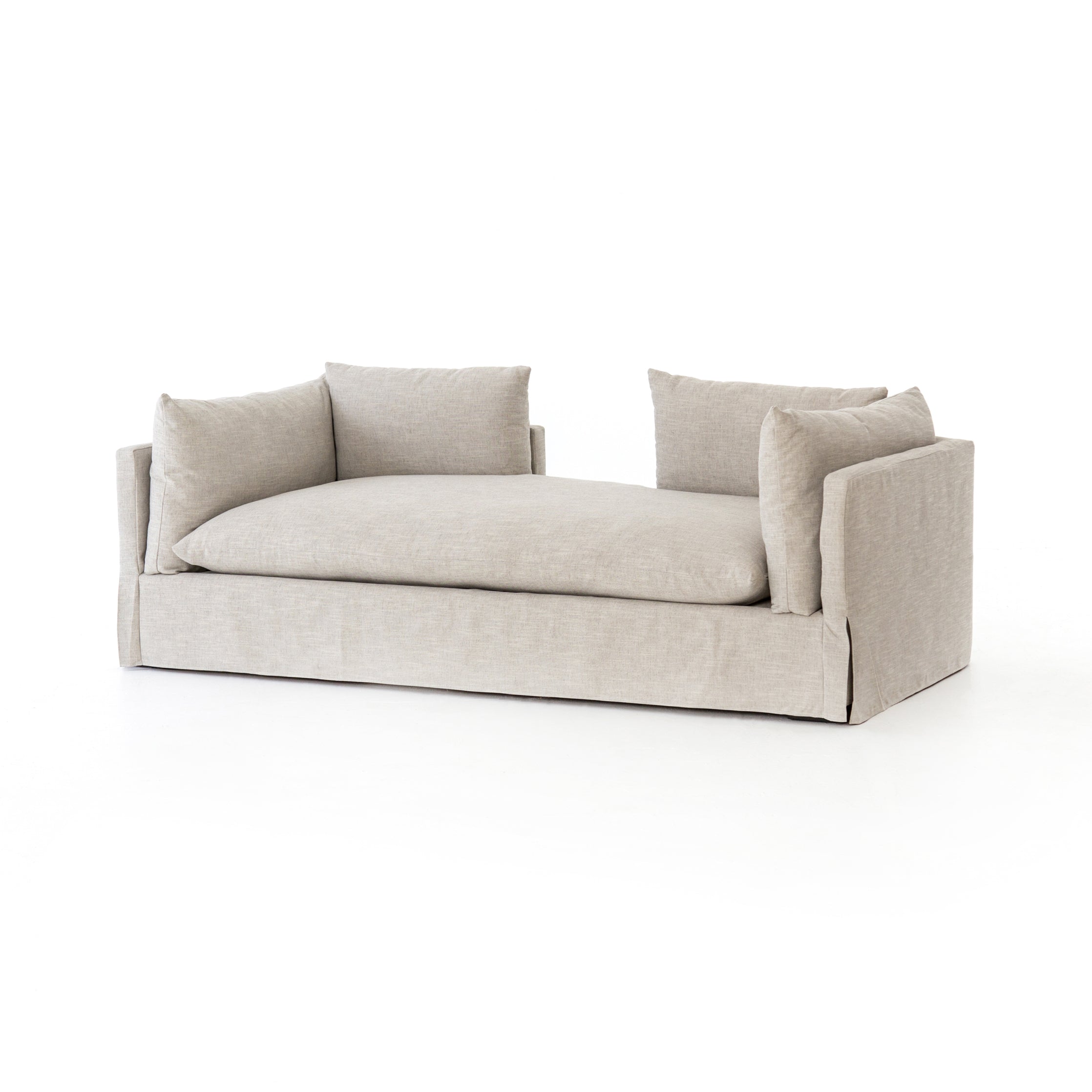 Featuring Mina Chaise - Valley Nimbus by Four Hands at Amethyst Home. Sophisticated and oh so comfortable -- the Mina chaise is a dream.  Beautiful, performance light linen blend fabric in a slipcover makes this piece feel like a cloud.
Overall Dimensions: 88"W x 40"L x 31"HMaterials: 53%Pl, 35%Vi, 12%Li, Solid BanakFabric: PerformanceWeight: 150.35 lbVol.  Amethyst Home provides interior design, new home construction design consulting, vintage area rugs, and lighting in the Scottsdale metro area.