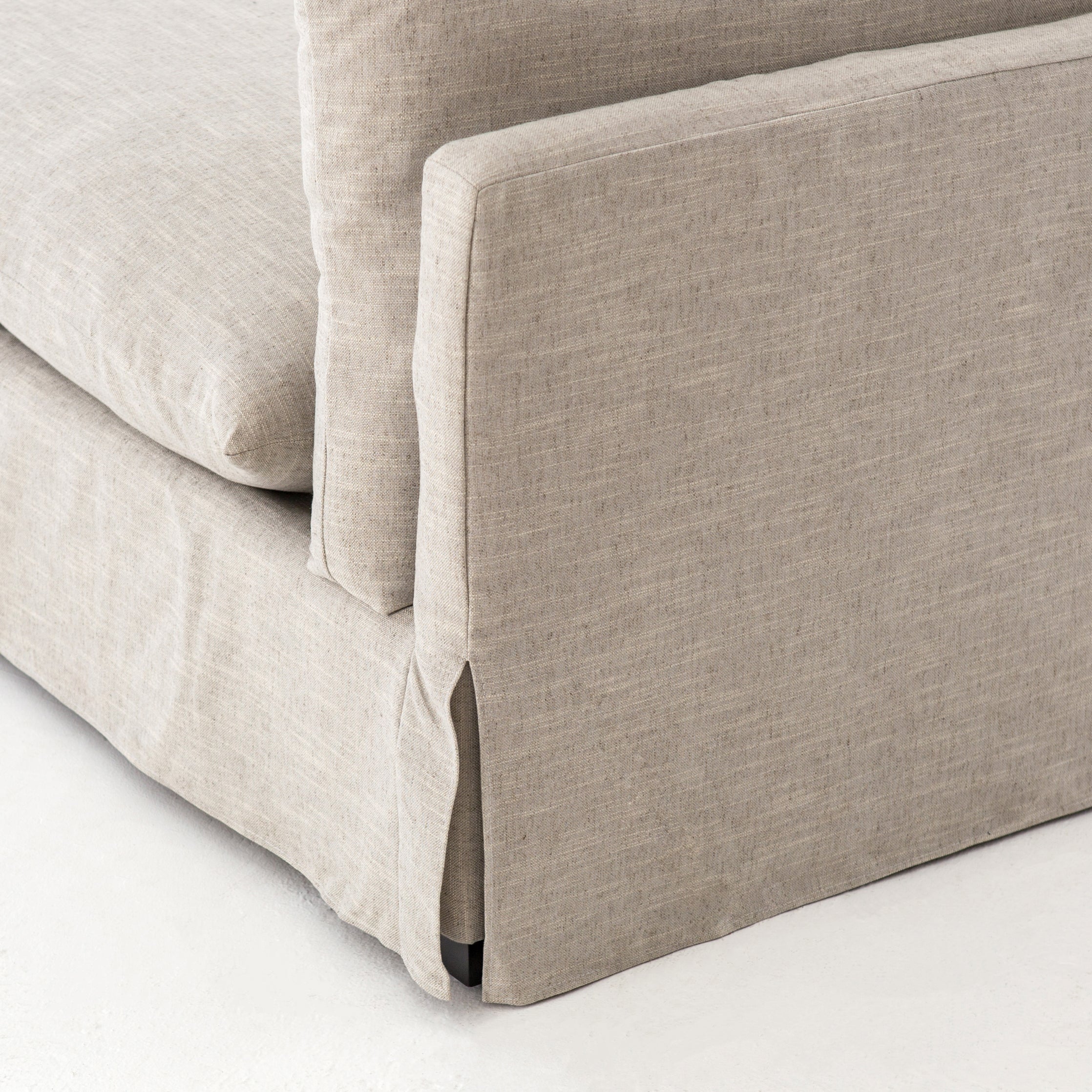 Featuring Mina Chaise - Valley Nimbus by Four Hands at Amethyst Home. Sophisticated and oh so comfortable -- the Mina chaise is a dream.  Beautiful, performance light linen blend fabric in a slipcover makes this piece feel like a cloud.
Overall Dimensions: 88"W x 40"L x 31"HMaterials: 53%Pl, 35%Vi, 12%Li, Solid BanakFabric: PerformanceWeight: 150.35 lbVol.  Amethyst Home provides interior design, new home construction design consulting, vintage area rugs, and lighting in the Des Moines metro area.