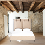 Featuring Leigh Upholstered Bed - Palm Ecru by Four Hands at Amethyst Home. Safari styling gets a modern reboot with this Leigh Upholstered Bed. Linen-blend upholstery of neutral taupe lays a texture-rich base for a forward-thinking bedroom look. Brown leather straps secure decorative headboard pillows, suspended for eye-catching effect. Box spring required.
Q.  Amethyst Home provides interior design, new home construction design consulting, vintage area rugs, and lighting in the Miami metro area.