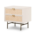 Featuring Luella Nightstand - Matte Alabaster by Four Hands at Amethyst Home. Bring a light look to bedroom styling with this Luella Nightstand - Matte Alabaster. The two-drawer nightstand features woven cane panels and half-moon hardware finished in an aged brass.
Overall Dimensions: 24"W x 18"L x 24"H
Colors: Matte Alabaster, Light Natural Cane, Aged.  Amethyst Home provides interior design, new home construction design consulting, vintage area rugs, and lighting in the Winter Garden metro area.