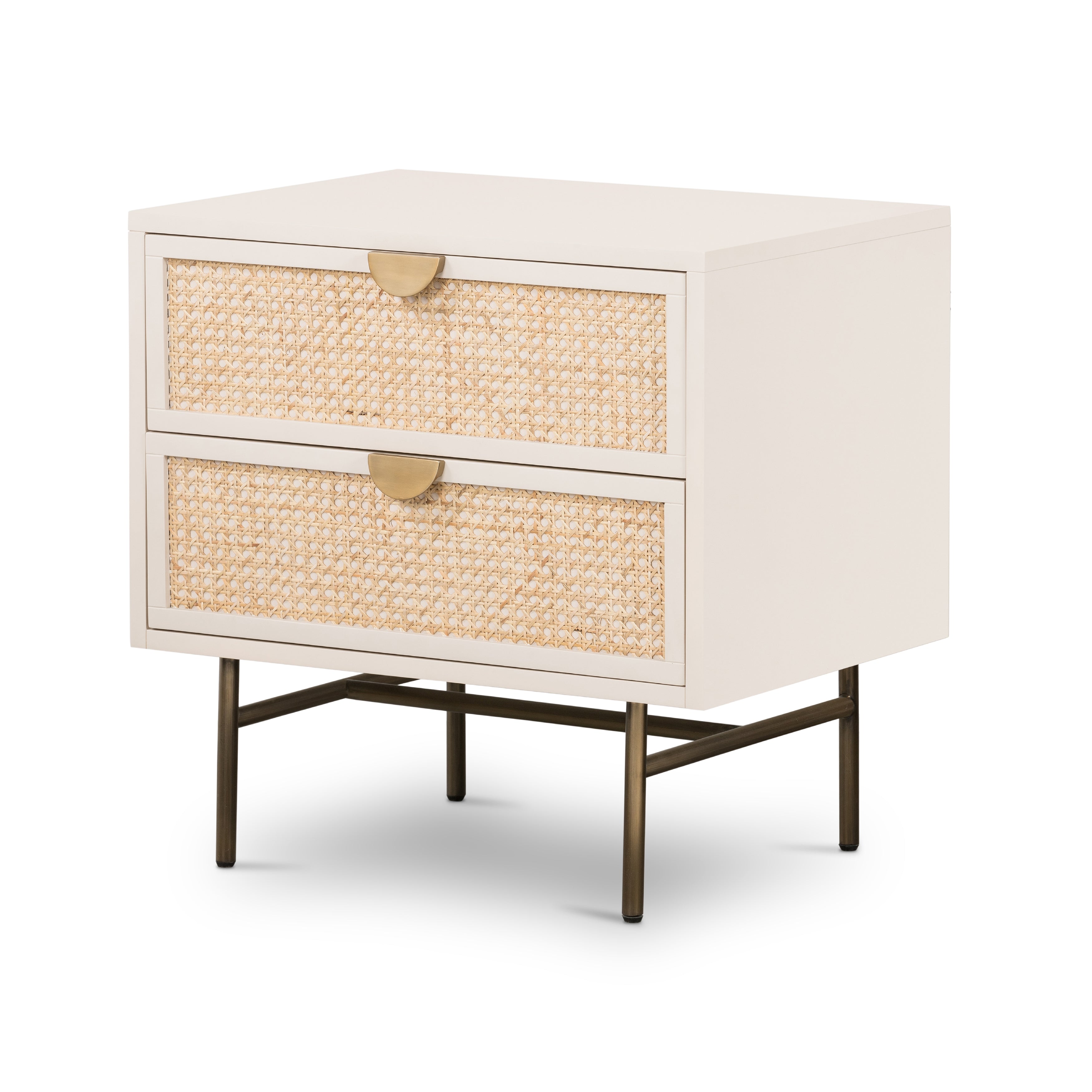 Featuring Luella Nightstand - Matte Alabaster by Four Hands at Amethyst Home. Bring a light look to bedroom styling with this Luella Nightstand - Matte Alabaster. The two-drawer nightstand features woven cane panels and half-moon hardware finished in an aged brass.
Overall Dimensions: 24"W x 18"L x 24"H
Colors: Matte Alabaster, Light Natural Cane, Aged.  Amethyst Home provides interior design, new home construction design consulting, vintage area rugs, and lighting in the Winter Garden metro area.