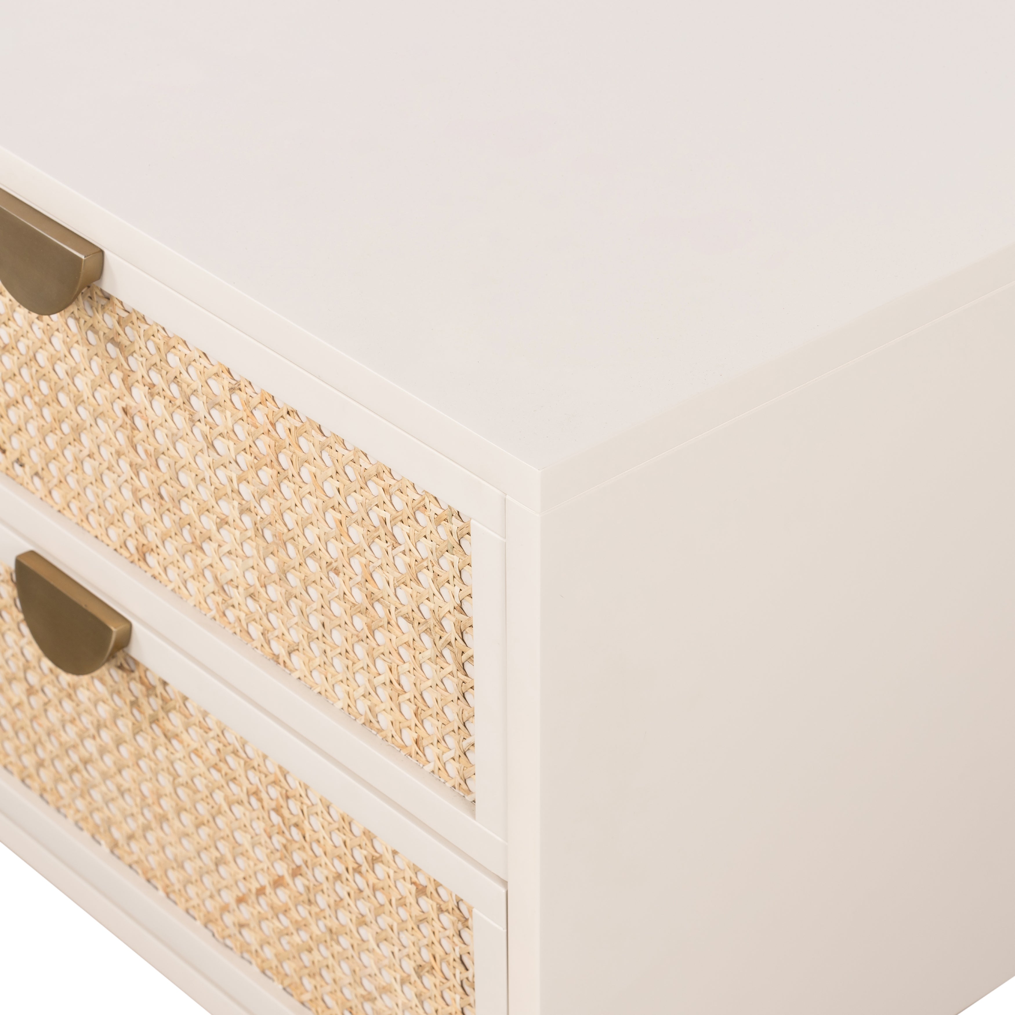 Featuring Luella Nightstand - Matte Alabaster by Four Hands at Amethyst Home. Bring a light look to bedroom styling with this Luella Nightstand - Matte Alabaster. The two-drawer nightstand features woven cane panels and half-moon hardware finished in an aged brass.
Overall Dimensions: 24"W x 18"L x 24"H
Colors: Matte Alabaster, Light Natural Cane, Aged Br.  Amethyst Home provides interior design, new home construction design consulting, vintage area rugs, and lighting in the Scottsdale metro area.