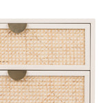 Featuring Luella Nightstand - Matte Alabaster by Four Hands at Amethyst Home. Bring a light look to bedroom styling with this Luella Nightstand - Matte Alabaster. The two-drawer nightstand features woven cane panels and half-moon hardware finished in an aged brass.
Overall Dimensions: 24"W x 18"L x 24"H
Colors: Matte Alabaster, Light Natural Cane, Aged BrassMa.  Amethyst Home provides interior design, new home construction design consulting, vintage area rugs, and lighting in the Tampa metro area.