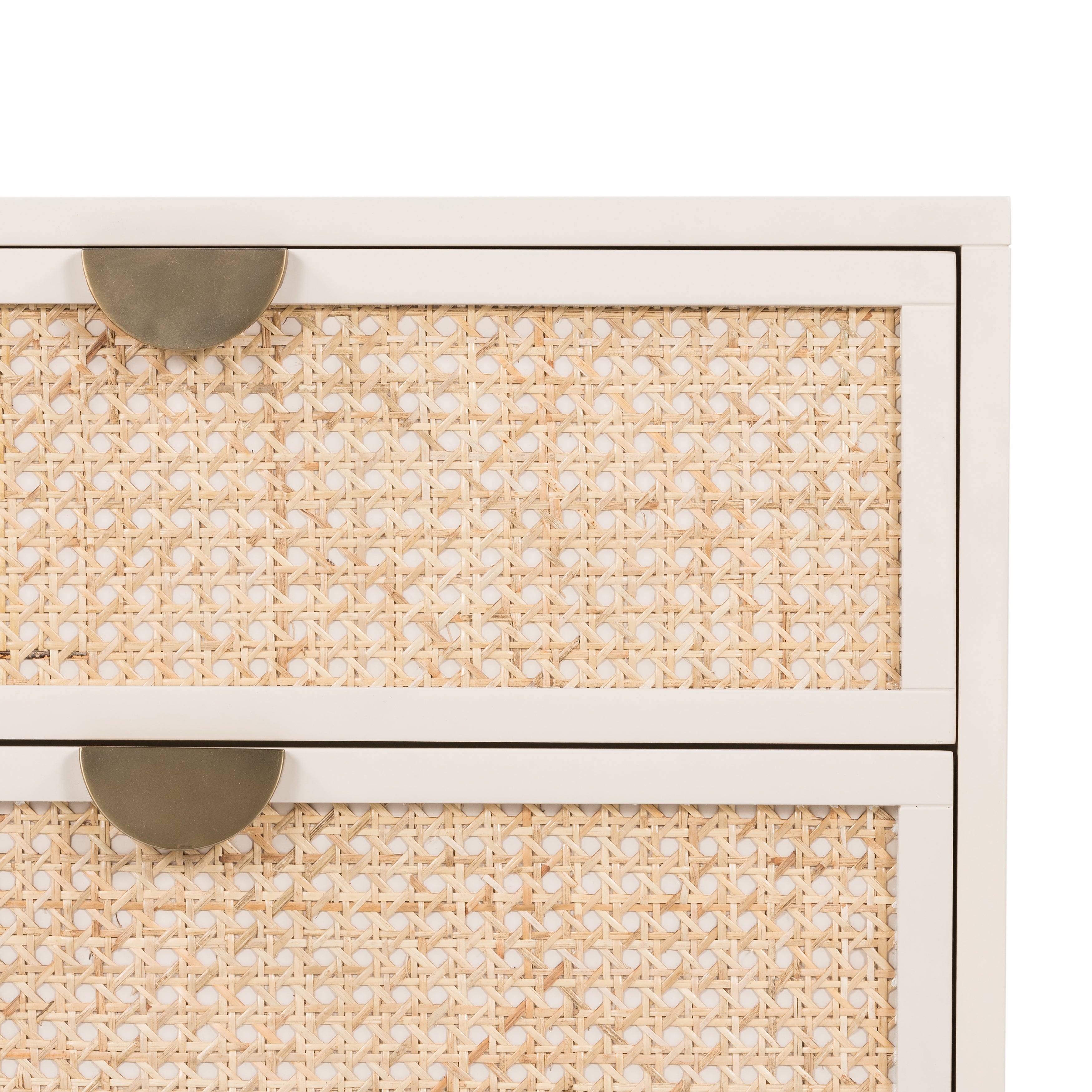 Featuring Luella Nightstand - Matte Alabaster by Four Hands at Amethyst Home. Bring a light look to bedroom styling with this Luella Nightstand - Matte Alabaster. The two-drawer nightstand features woven cane panels and half-moon hardware finished in an aged brass.
Overall Dimensions: 24"W x 18"L x 24"H
Colors: Matte Alabaster, Light Natural Cane, Aged BrassMa.  Amethyst Home provides interior design, new home construction design consulting, vintage area rugs, and lighting in the Tampa metro area.