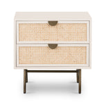 Featuring Luella Nightstand - Matte Alabaster by Four Hands at Amethyst Home. Bring a light look to bedroom styling with this Luella Nightstand - Matte Alabaster. The two-drawer nightstand features woven cane panels and half-moon hardware finished in an aged brass.
Overall Dimensions: 24"W x 18"L x 24"H
Colors: Matte Alabaster, Light Natural Cane, Aged Bra.  Amethyst Home provides interior design, new home construction design consulting, vintage area rugs, and lighting in the Calabasas metro area.