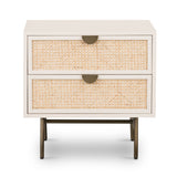 Featuring Luella Nightstand - Matte Alabaster by Four Hands at Amethyst Home. Bring a light look to bedroom styling with this Luella Nightstand - Matte Alabaster. The two-drawer nightstand features woven cane panels and half-moon hardware finished in an aged brass.
Overall Dimensions: 24"W x 18"L x 24"H
Colors: Matte Alabaster, Light Natural Cane, Aged Bra.  Amethyst Home provides interior design, new home construction design consulting, vintage area rugs, and lighting in the Calabasas metro area.