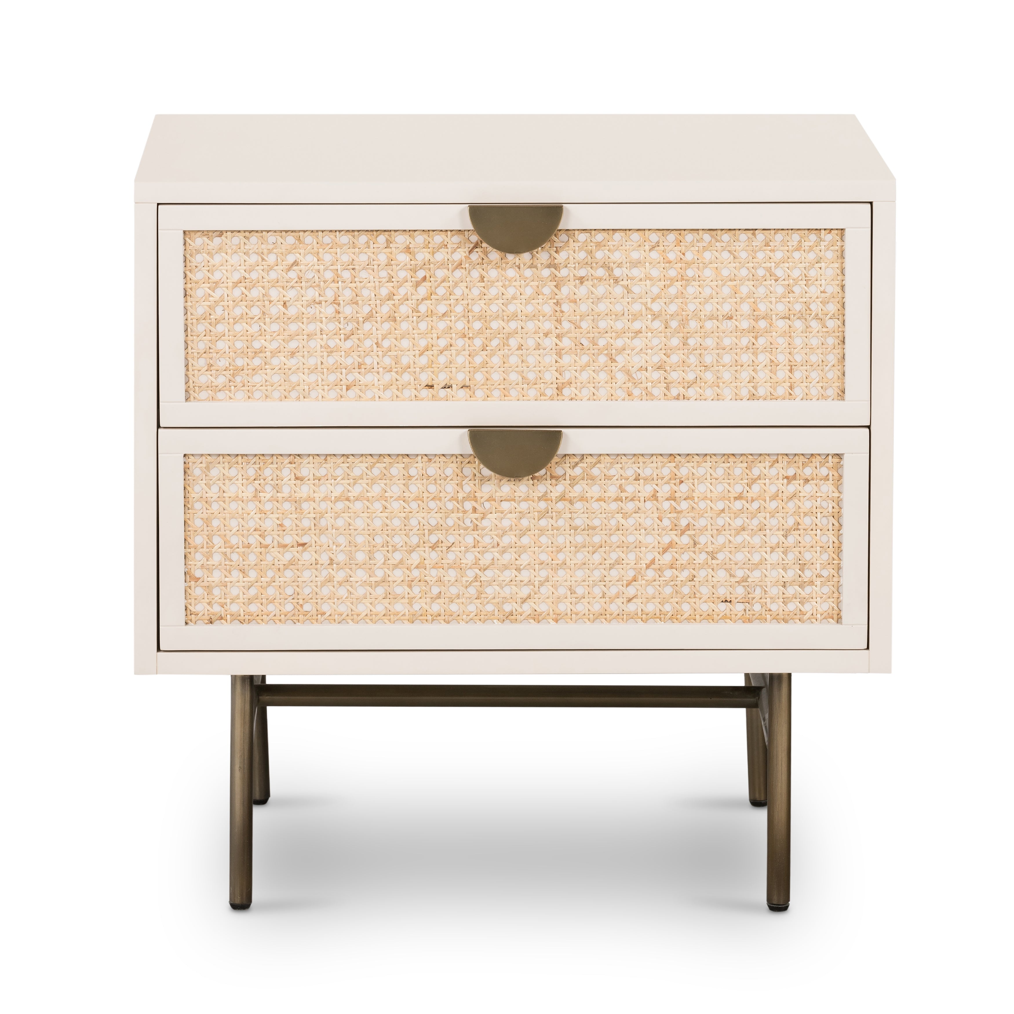 Featuring Luella Nightstand - Matte Alabaster by Four Hands at Amethyst Home. Bring a light look to bedroom styling with this Luella Nightstand - Matte Alabaster. The two-drawer nightstand features woven cane panels and half-moon hardware finished in an aged brass.
Overall Dimensions: 24"W x 18"L x 24"H
Colors: Matte Alabaster, Light Natural Cane, Aged Bra.  Amethyst Home provides interior design, new home construction design consulting, vintage area rugs, and lighting in the Calabasas metro area.
