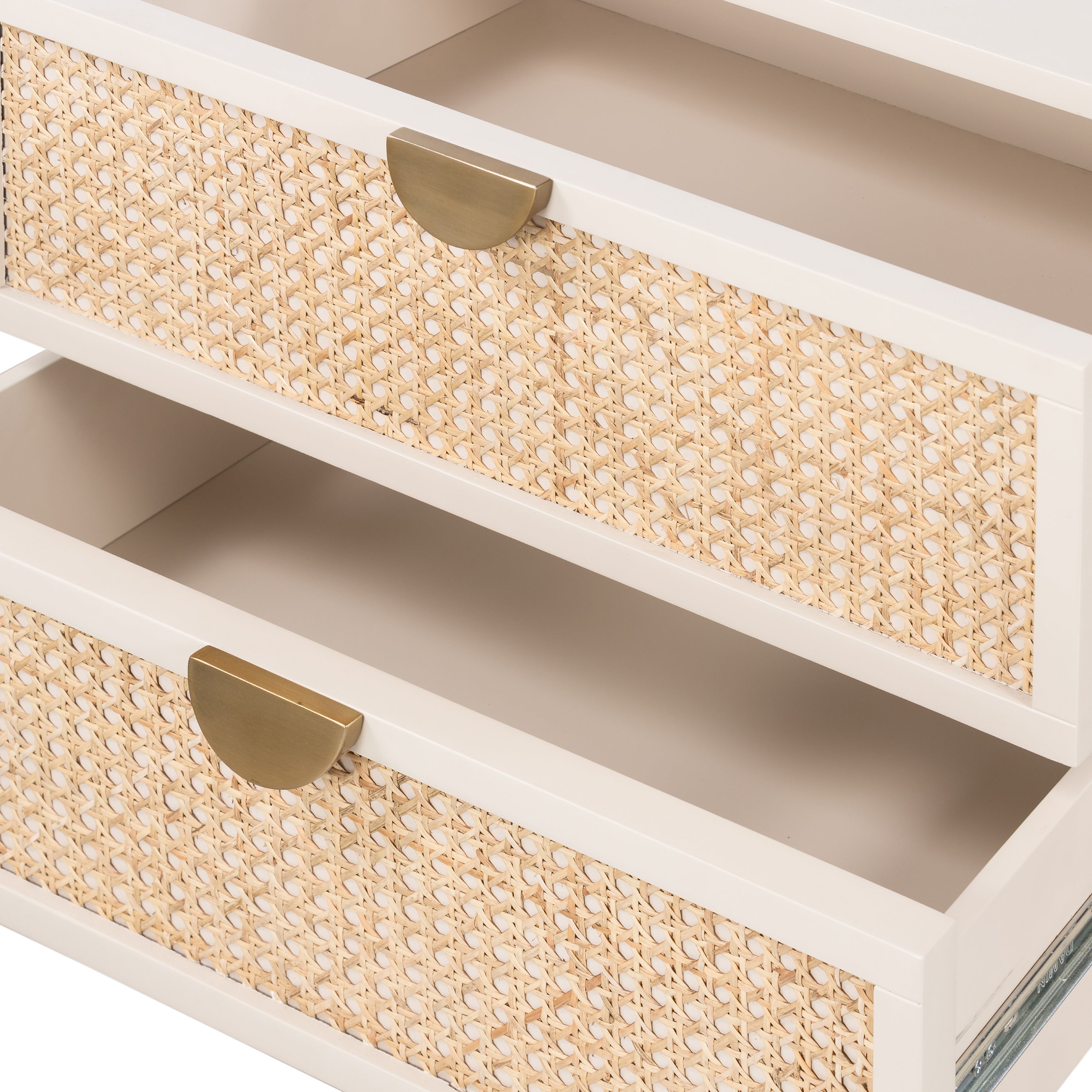 Featuring Luella Nightstand - Matte Alabaster by Four Hands at Amethyst Home. Bring a light look to bedroom styling with this Luella Nightstand - Matte Alabaster. The two-drawer nightstand features woven cane panels and half-moon hardware finished in an aged brass.
Overall Dimensions: 24"W x 18"L x 24"H
Colors: Matte Alabaster, Light Natural Cane, Aged Bra.  Amethyst Home provides interior design, new home construction design consulting, vintage area rugs, and lighting in the Calabasas metro area.