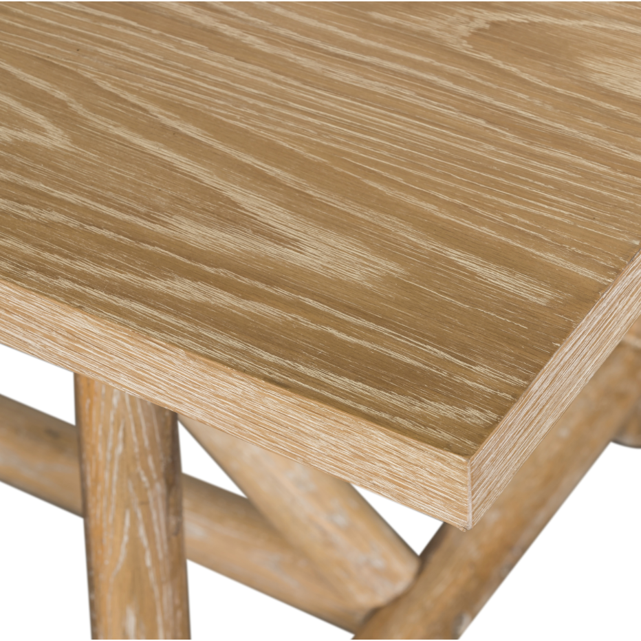 Featuring Mika Dining Table by Four Hands at Amethyst Home. Rustic goes modern with this Mika Dining Table. A triangular stretcher brings architectural interest to this simply styled dining table of white-washed oak.
Overall Dimensions: 84"W x 36"L x 30"H
Colors: Whitewashed Oak VeneerMaterials: Oak VeneerWeight: 119.05 lbVolume: 22.18 cu ftClearance f.  Amethyst Home provides interior design, new home construction design consulting, vintage area rugs, and lighting in the Newport Beach metro area.