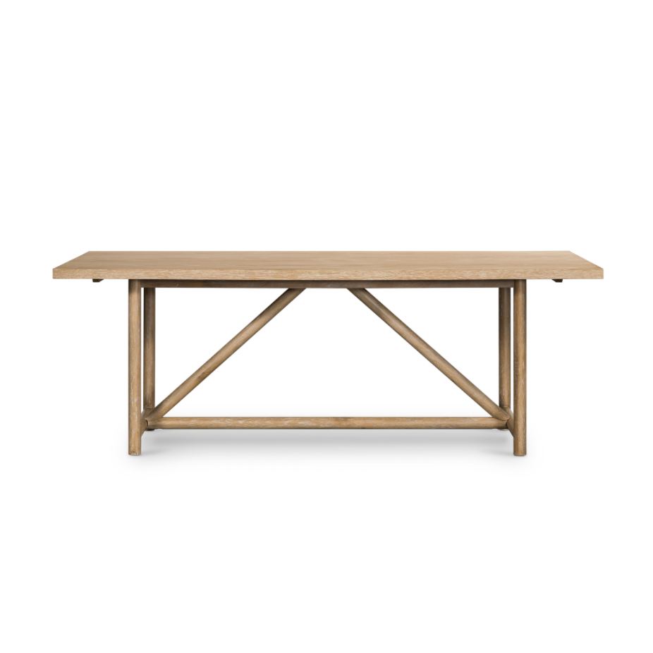 Featuring Mika Dining Table by Four Hands at Amethyst Home. Rustic goes modern with this Mika Dining Table. A triangular stretcher brings architectural interest to this simply styled dining table of white-washed oak.
Overall Dimensions: 84"W x 36"L x 30"H
Colors: Whitewashed Oak VeneerMaterials: Oak VeneerWeight: 119.05 lbVolume: 22.18 cu ftClearance from Fl.  Amethyst Home provides interior design, new home construction design consulting, vintage area rugs, and lighting in the Seattle metro area.