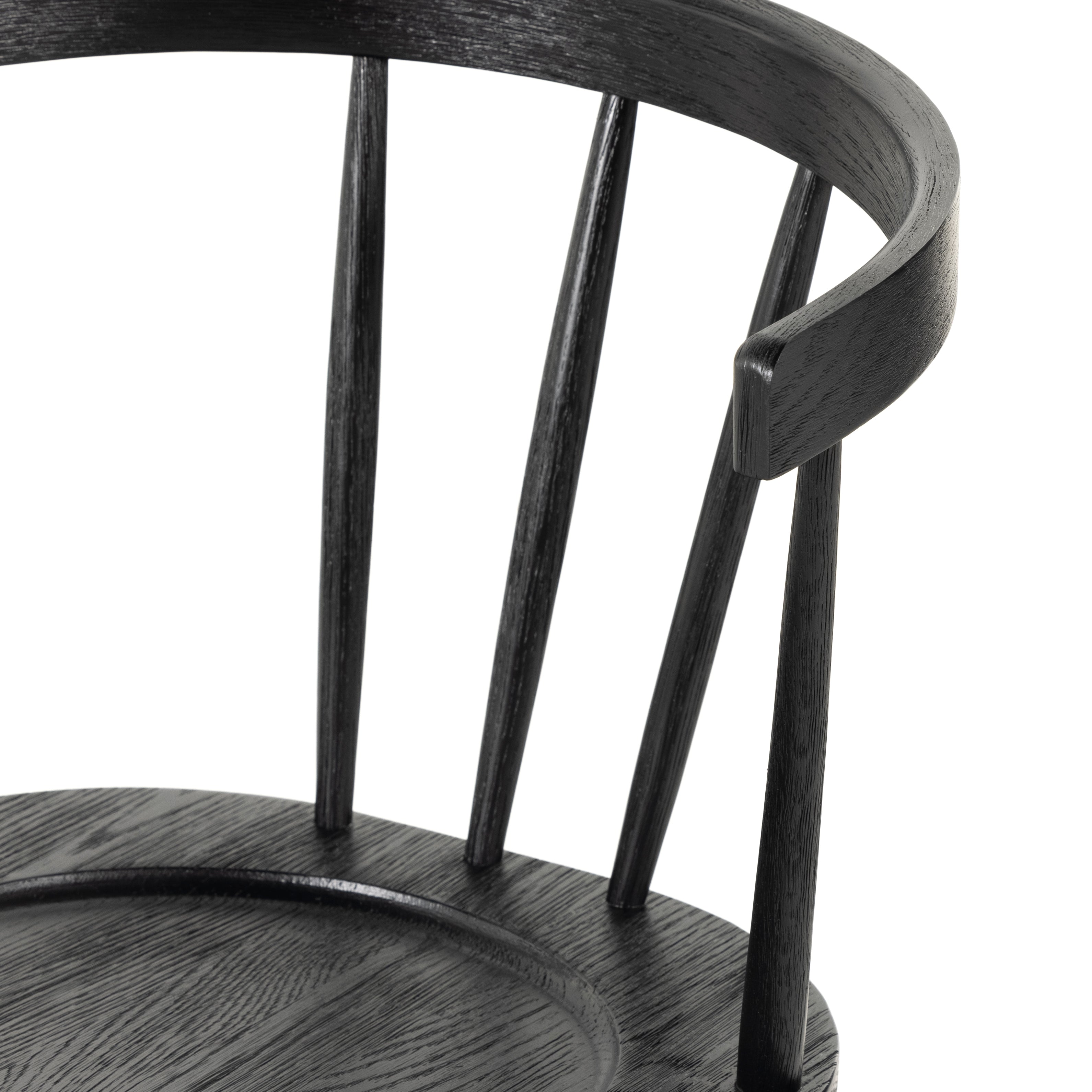 Featuring Naples Dining Chair - Black Oak by Four Hands at Amethyst Home. This Naples Dining Chair - Black Oak is a fresh twist on traditional Windsor-style seating is crafted from solid black-finished oak, for a look that’s always in style.
Overall Dimensions: 20.50"W x 21.50"L x 31.75"HColors: Black Oak, Black Oak VeneerMaterials: Solid Oak, Oak Veneer.  Amethyst Home provides interior design, new home construction design consulting, vintage area rugs, and lighting in the Los Angeles metro area.
